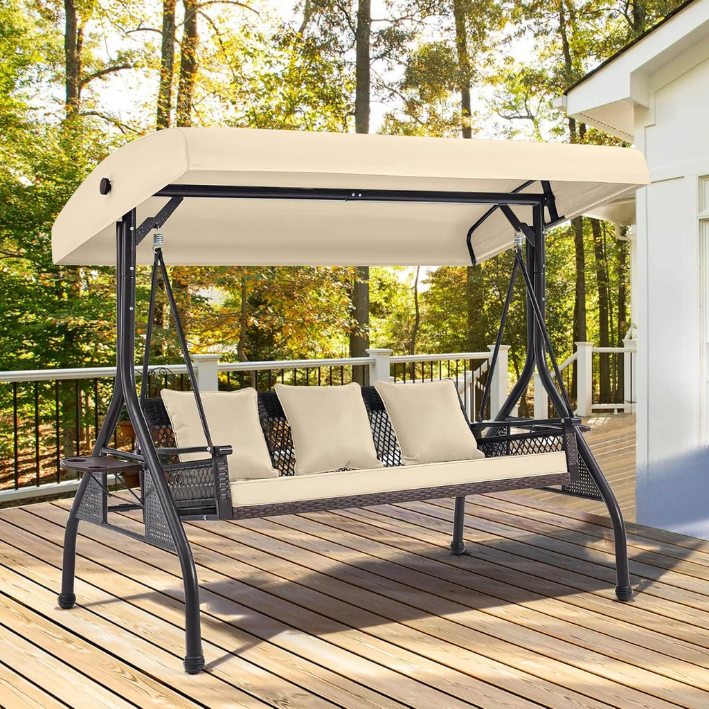 Homrest 3-Person Outdoor Wicker Porch Swing with Adjustable Canopy Backyard, Khaki