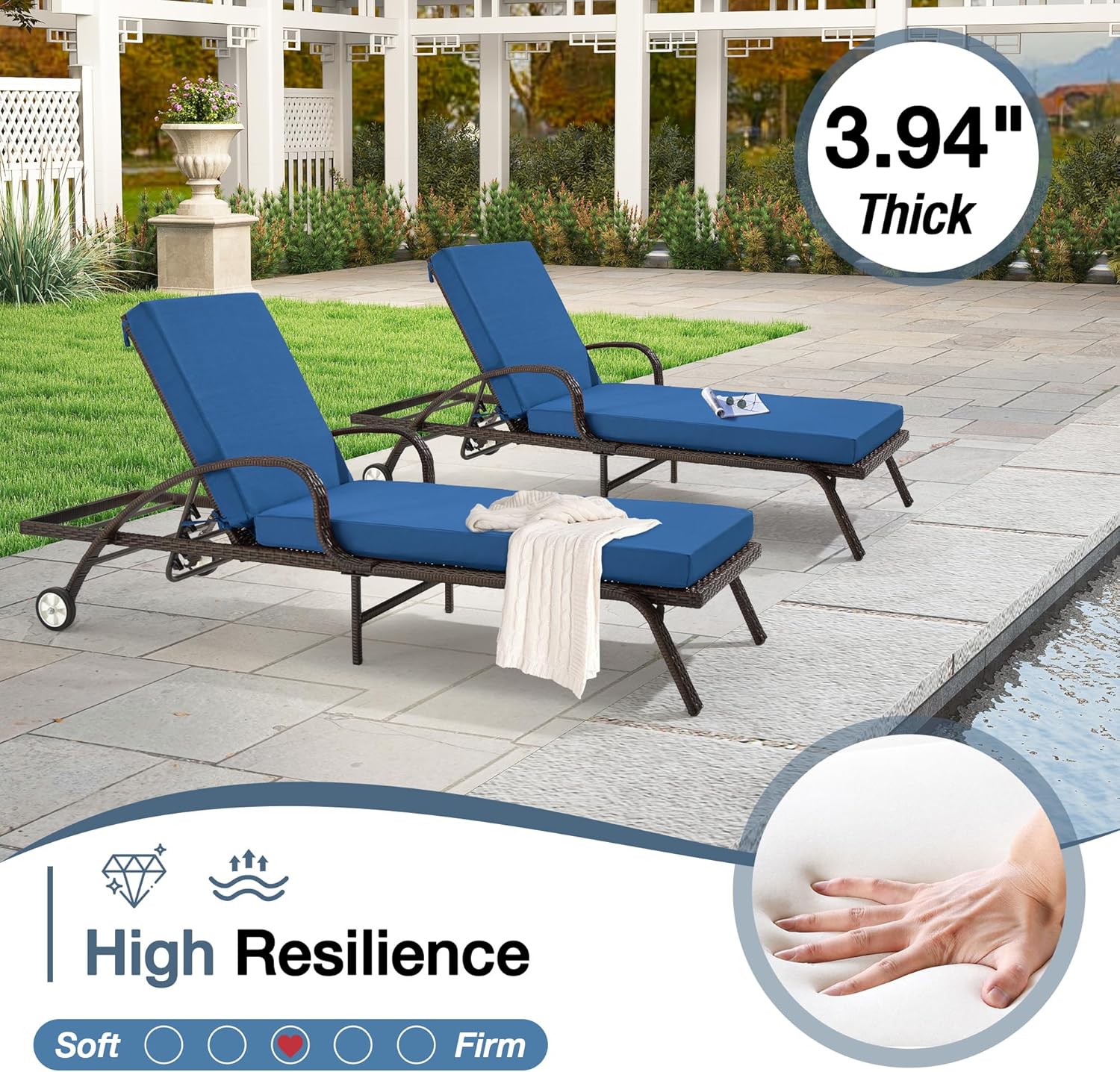 HOMREST Outdoor Lounge Chair Cushion Replacement Set of 2, Dark Blue