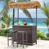 Homrest 3 pcs outdoor tiki bar set with 2 height stools, storage shelf and canopy, brown