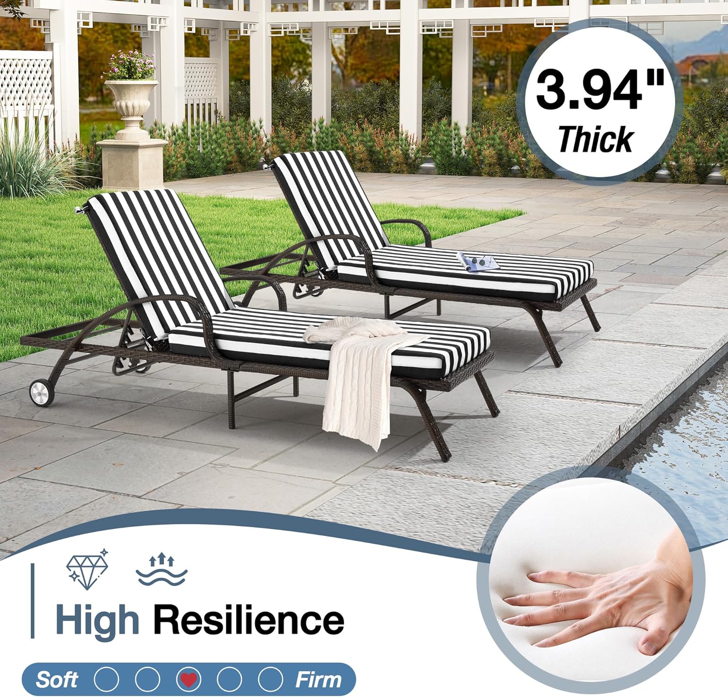 HOMREST Outdoor Lounge Chair Cushion,Waterproof Lounge Cushion Replacement, Black White Stripes
