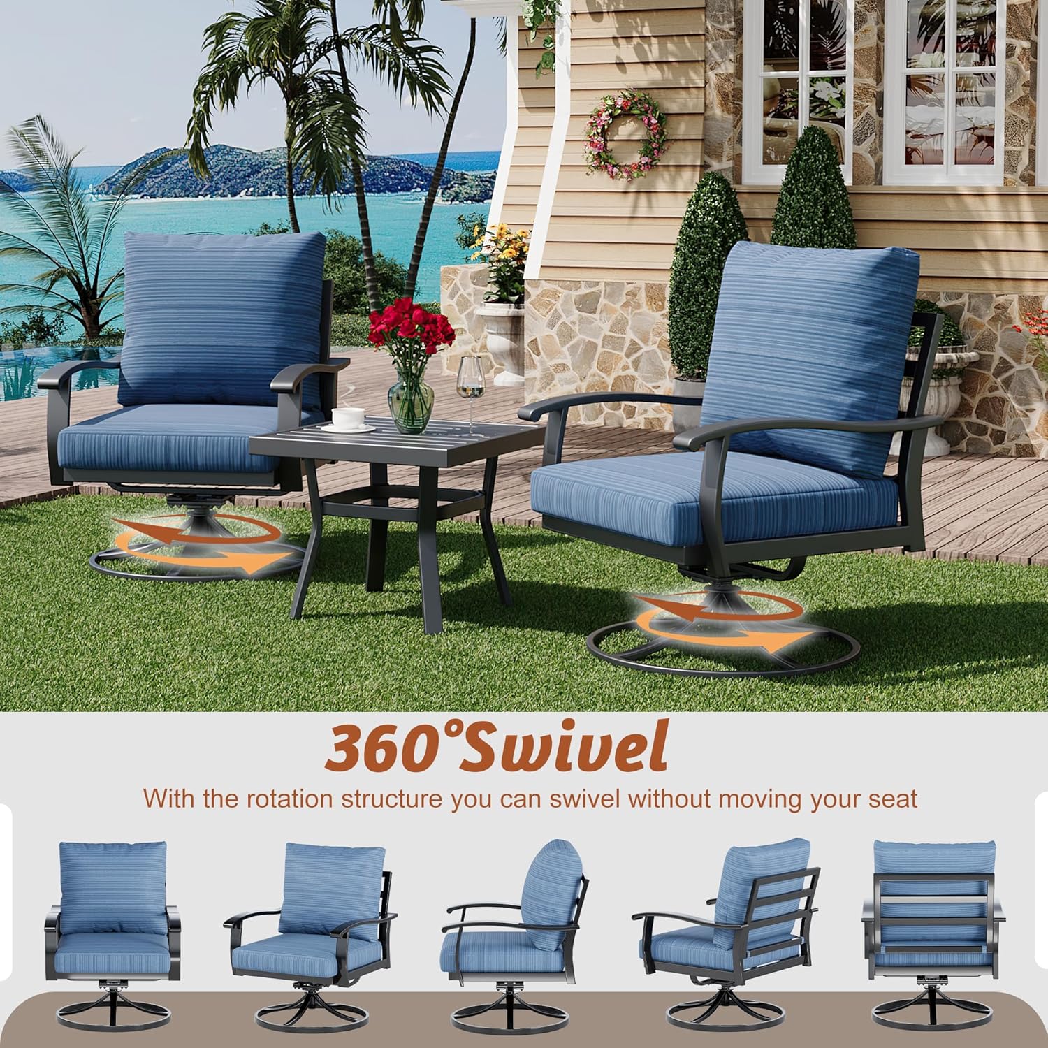 HOMREST Outdoor Swivel Rocker Patio Chairs with Coffee Table, 3 PCS Bistro Set, Blue