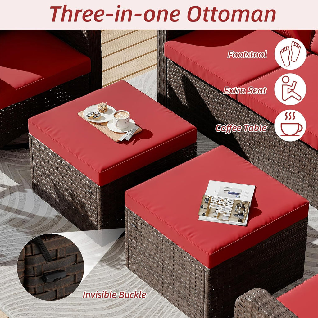 HOMREST 2 Piece Outdoor Patio Ottoman, Rattan Wicker Footstool with Cushion, Invisible Buckle, Multi-Functional Seat or Coffee Table, Wine Red
