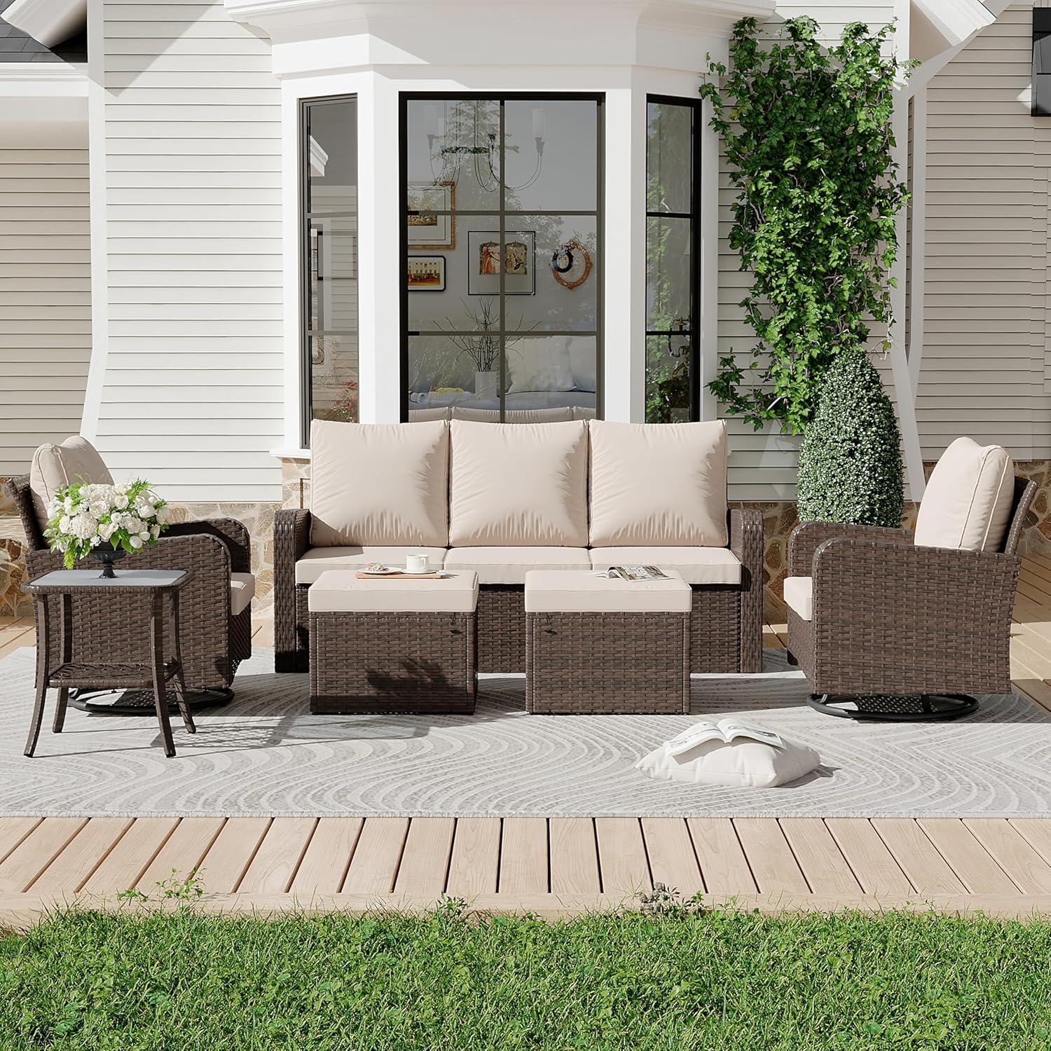 HOMREST 6 Piece Patio Conversation Sets with Sofa Couch, Rattan Wicker Swivel Chairs with 2 Ottoman, Coffee Table & Cushions, Khaki