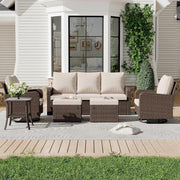 HOMREST 6 Piece Patio Conversation Sets with Sofa Couch, Rattan Wicker Swivel Chairs with 2 Ottoman, Coffee Table & Cushions, Khaki