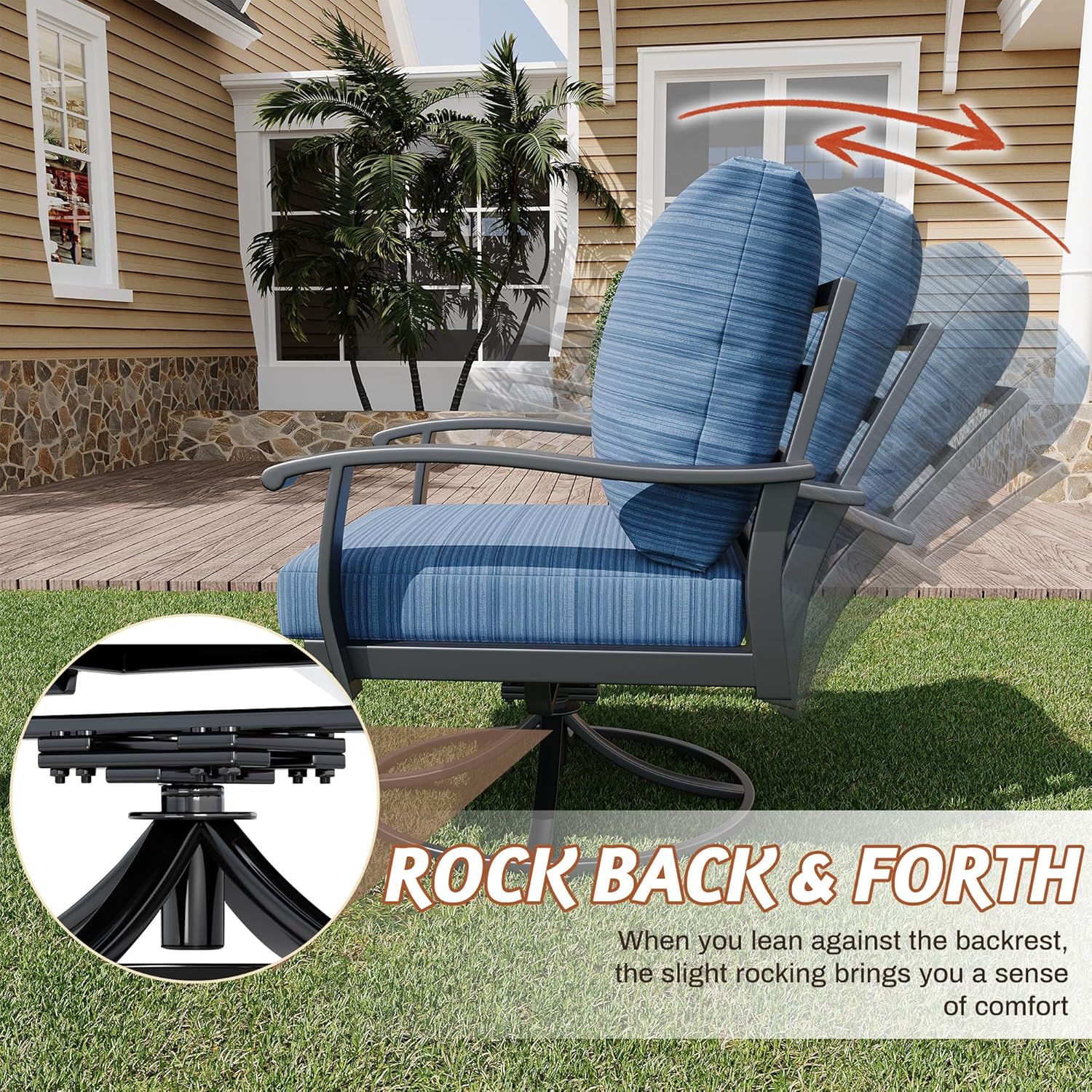 HOMREST Outdoor Swivel Rocker Patio Chairs with Coffee Table, 3 PCS Bistro Set, Blue