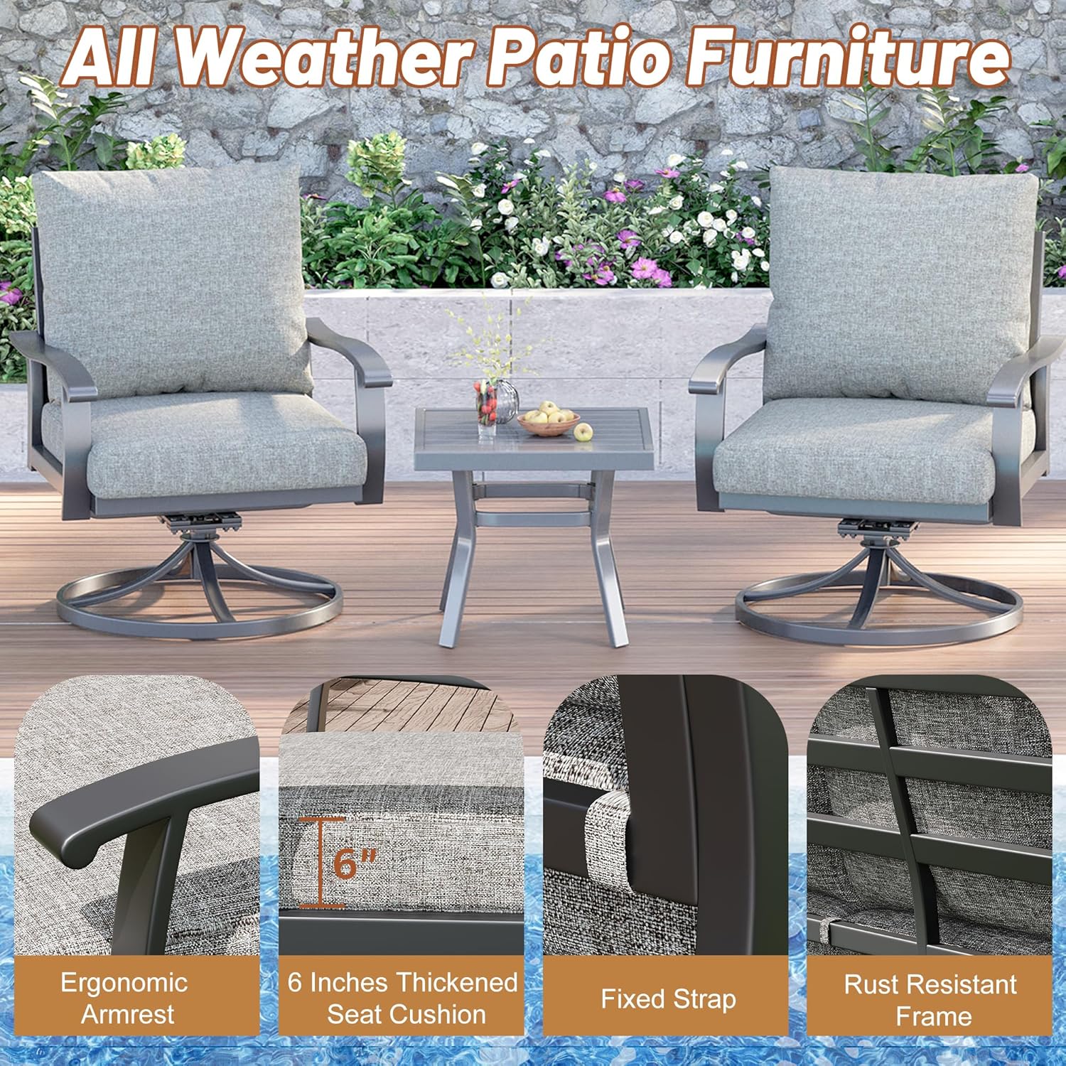 HOMREST Outdoor Swivel Rocker Patio Chairs with Coffee Table, 3 PCS Bistro Set, Gray