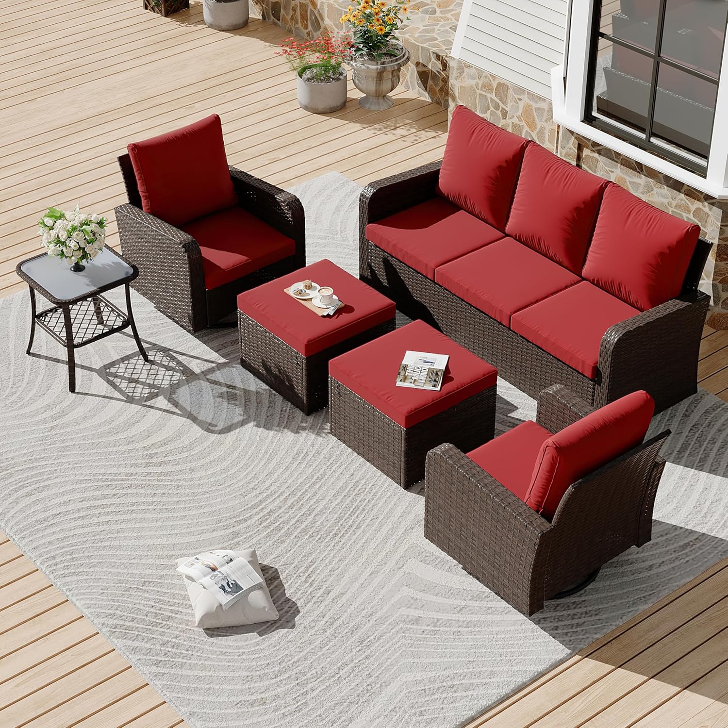 HOMREST 6 Piece Patio Conversation Sets with Sofa Couch, Rattan Wicker Swivel Chairs with 2 Ottoman, Coffee Table & Cushions, Wine Red