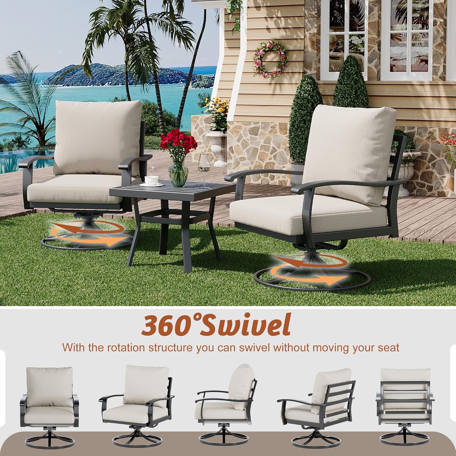 HOMREST Outdoor Swivel Rocker Patio Chairs with Ottomans, 5 PCS Bistro Set for Garden, Deck, Beige