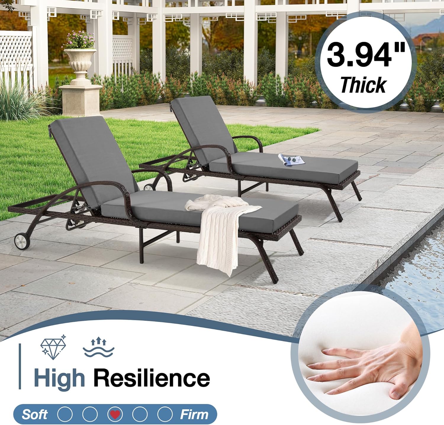 HOMREST Outdoor Lounge Chair Cushion Replacement Set of 2, Grey