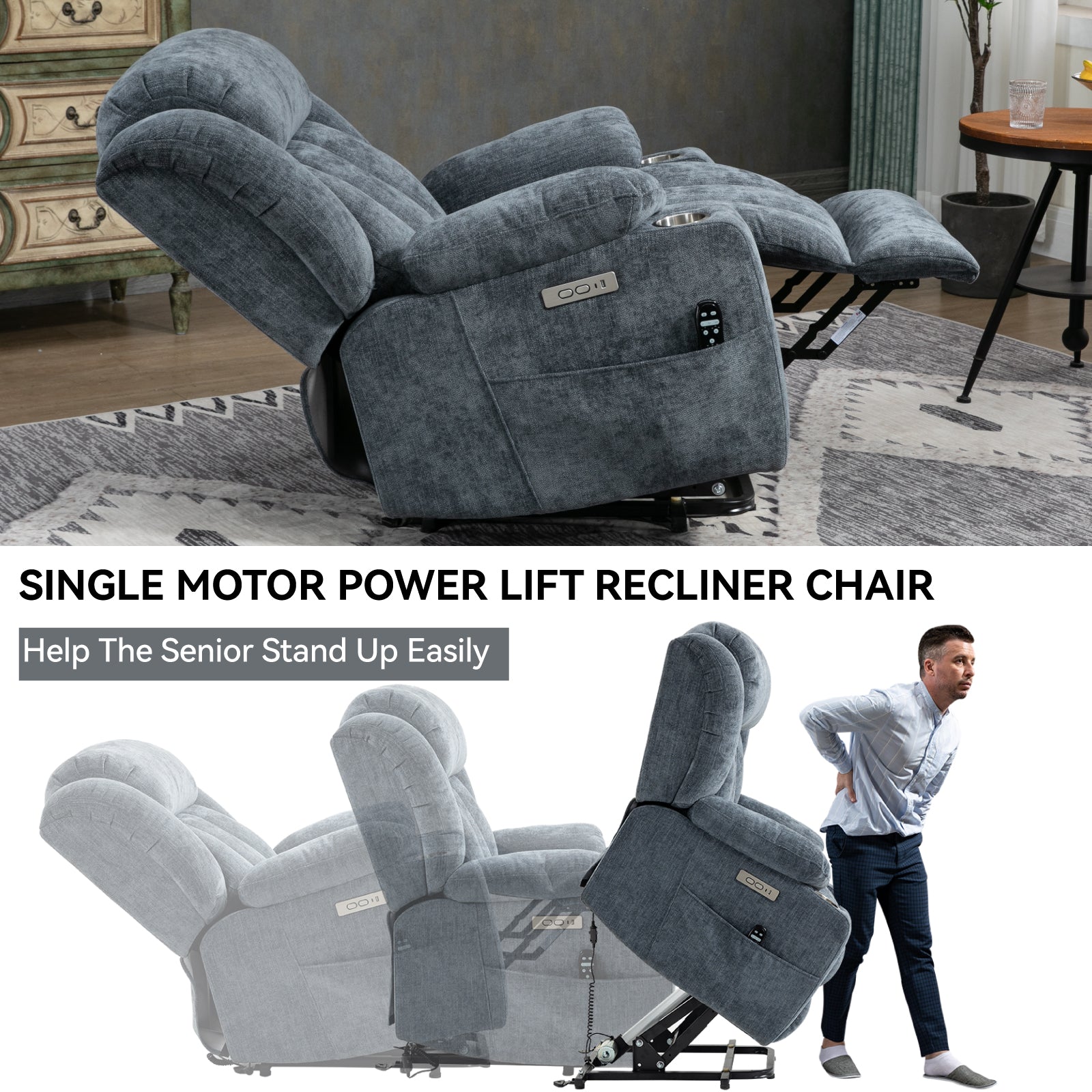 Homrest Premium Electric Recliner Chair with 8-Point Massage & Heating, Plush Chenille Fabric, Gray Blue