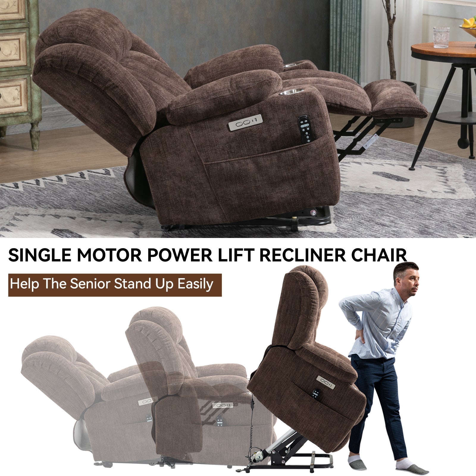 Homrest Premium Electric Recliner Chair with 8-Point Massage & Heating, Plush Chenille Fabric, Dark Brown
