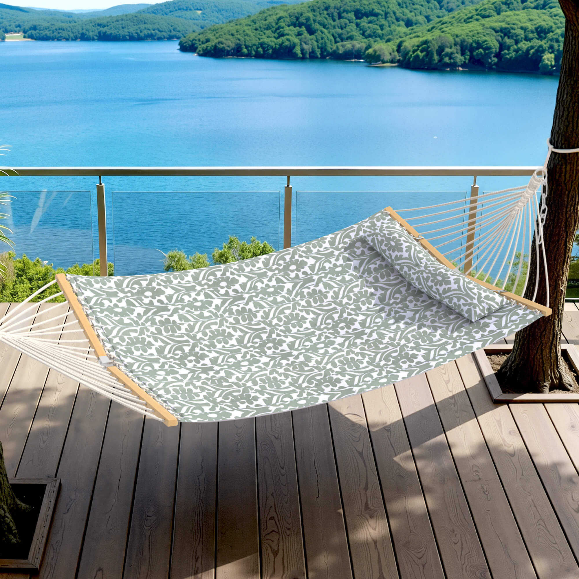 HOMREST Modern Portable Hammock, Outdoor Rope Hammock for Backyard, Beach & Camping, Gray Floral