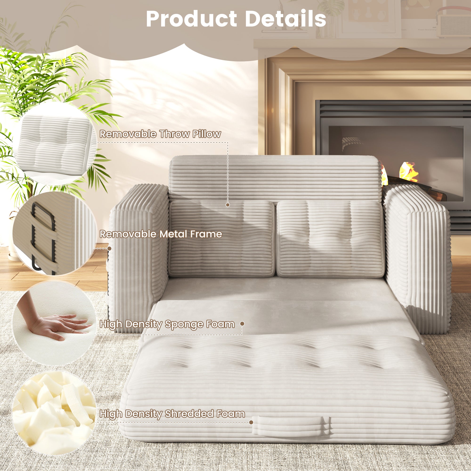 HOMREST No Assembly Needed Convertible Sofa Bed, 2 in 1 Boneless Couch Bed with 2 Pillows, Beige