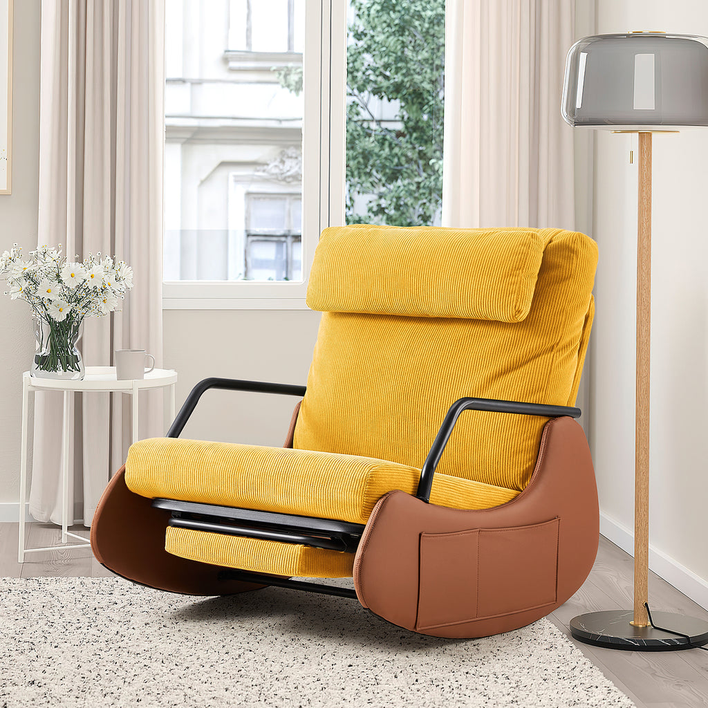 HOMREST Indoor & Outdoor Oversized Rocking Recliner Chair with Side Pockets, Upholstered Plush Seating Glider Rocker with Ajustable High Backrest, Golden