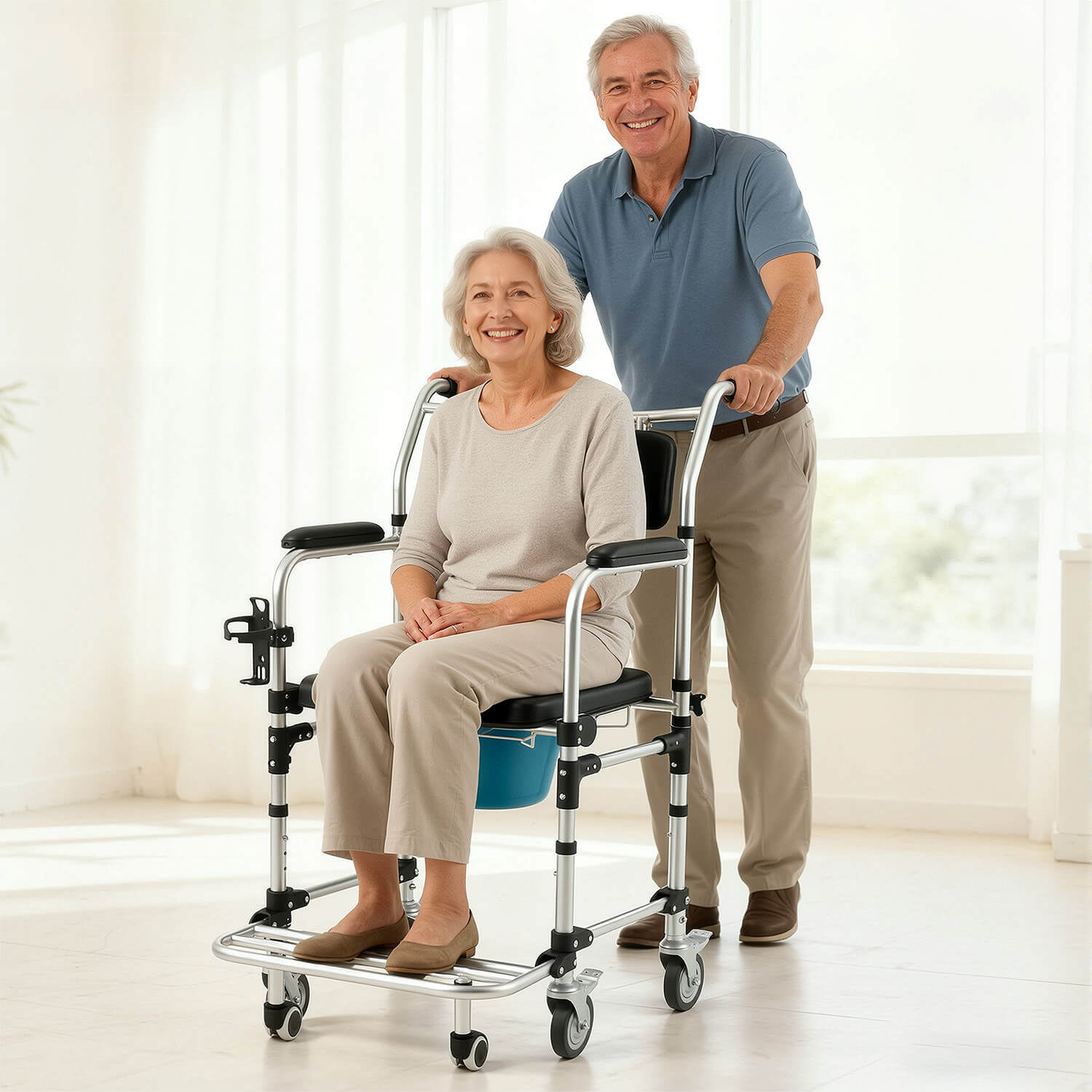 HOMREST 4-in-1 Bedside Commode Shower Wheelchair for Elderly and Disabled, Commode Chair with 4 Lockable Wheels, Detachable Bucket, Padded Seat and Armrests, Flip-Up Footrest, Black