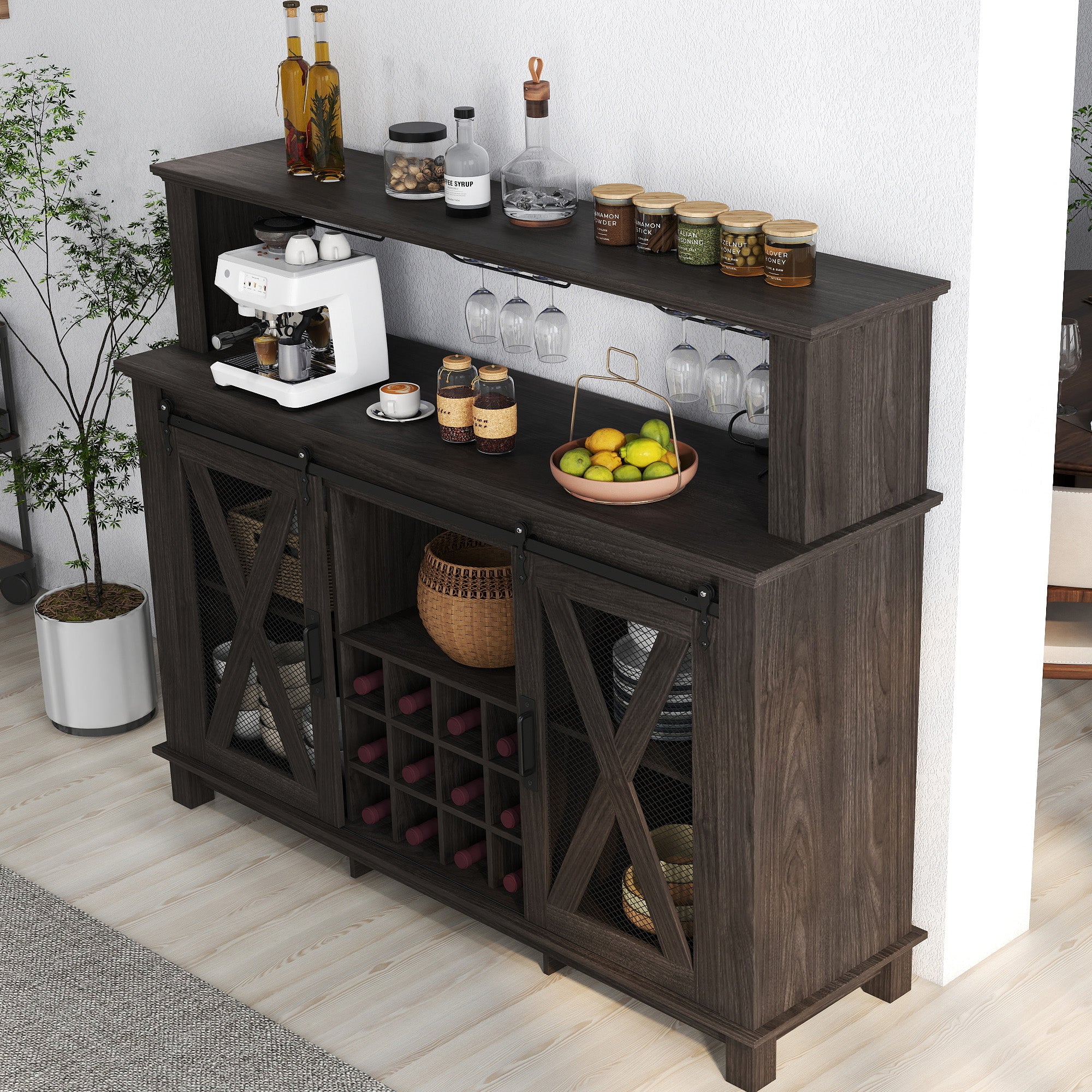 HOMREST 55" Farmhouse Bar Cabinet, Wine Coffee Bar Cabinet With Led Lights And Sliding Barn Door, Home Bar With Wine Racks And Glass Holder,  Black