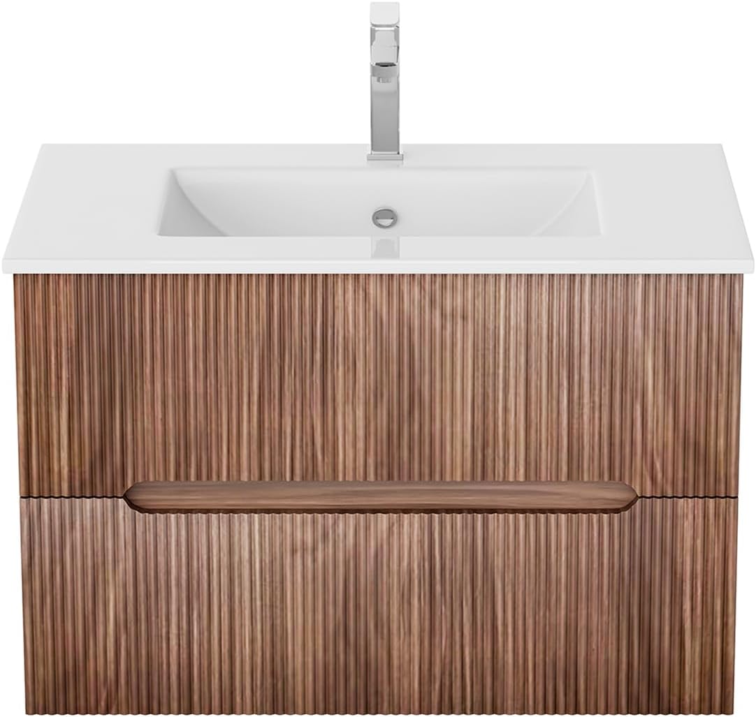 HOMREST 30 Inch Bathroom Vanity with Sink, Floating Bathroom Vanity with Ceramic Basin, Wall Mounted Bathroom Sink Cabinet Set with Soft-Close 2 Drawers, Faucet & Pop Up Drain, Walnut