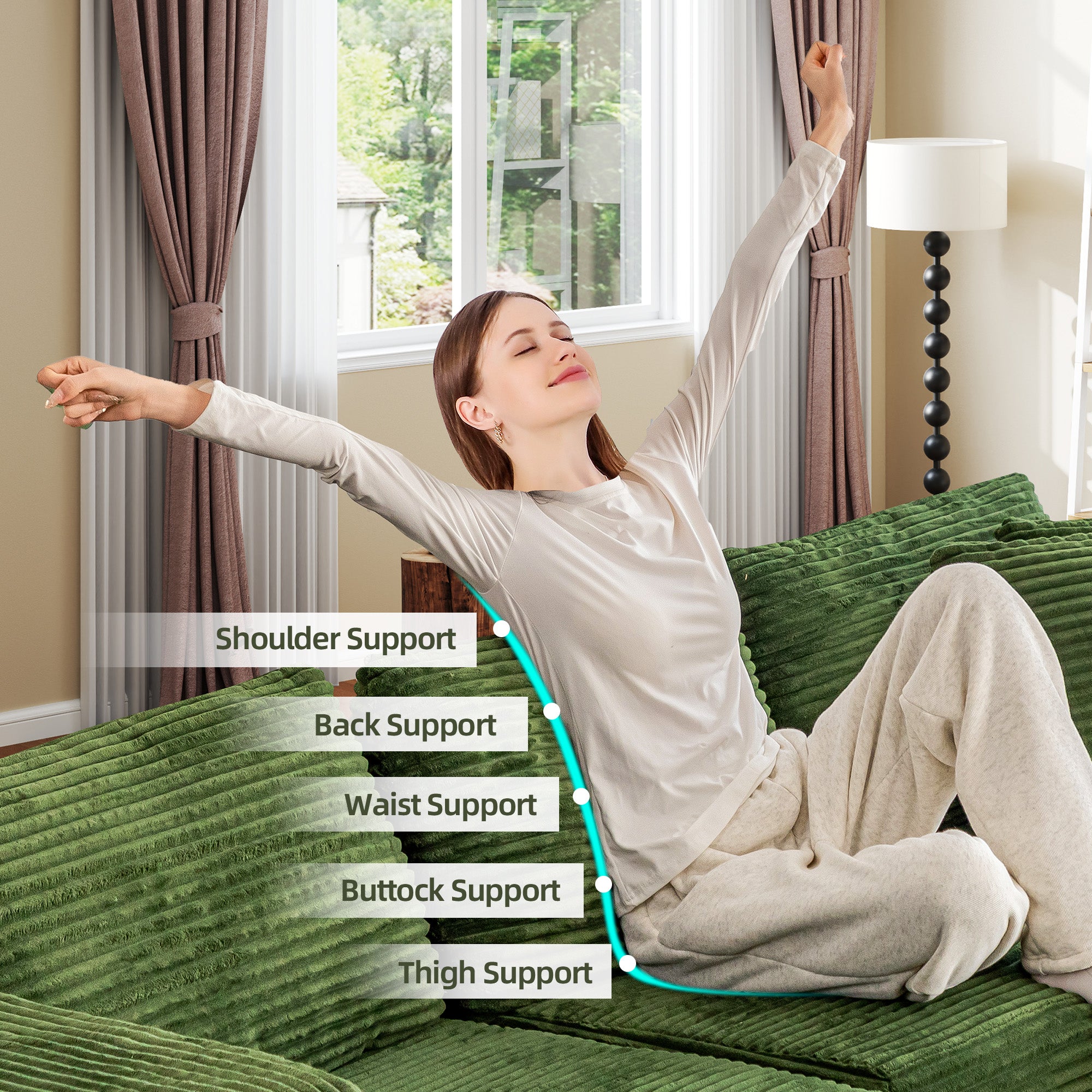 HOMREST 106 inch Cloud Sectional Couch with Chaise Lounge for Living Room Bedroom Apartment, Corduroy Fabric, Green