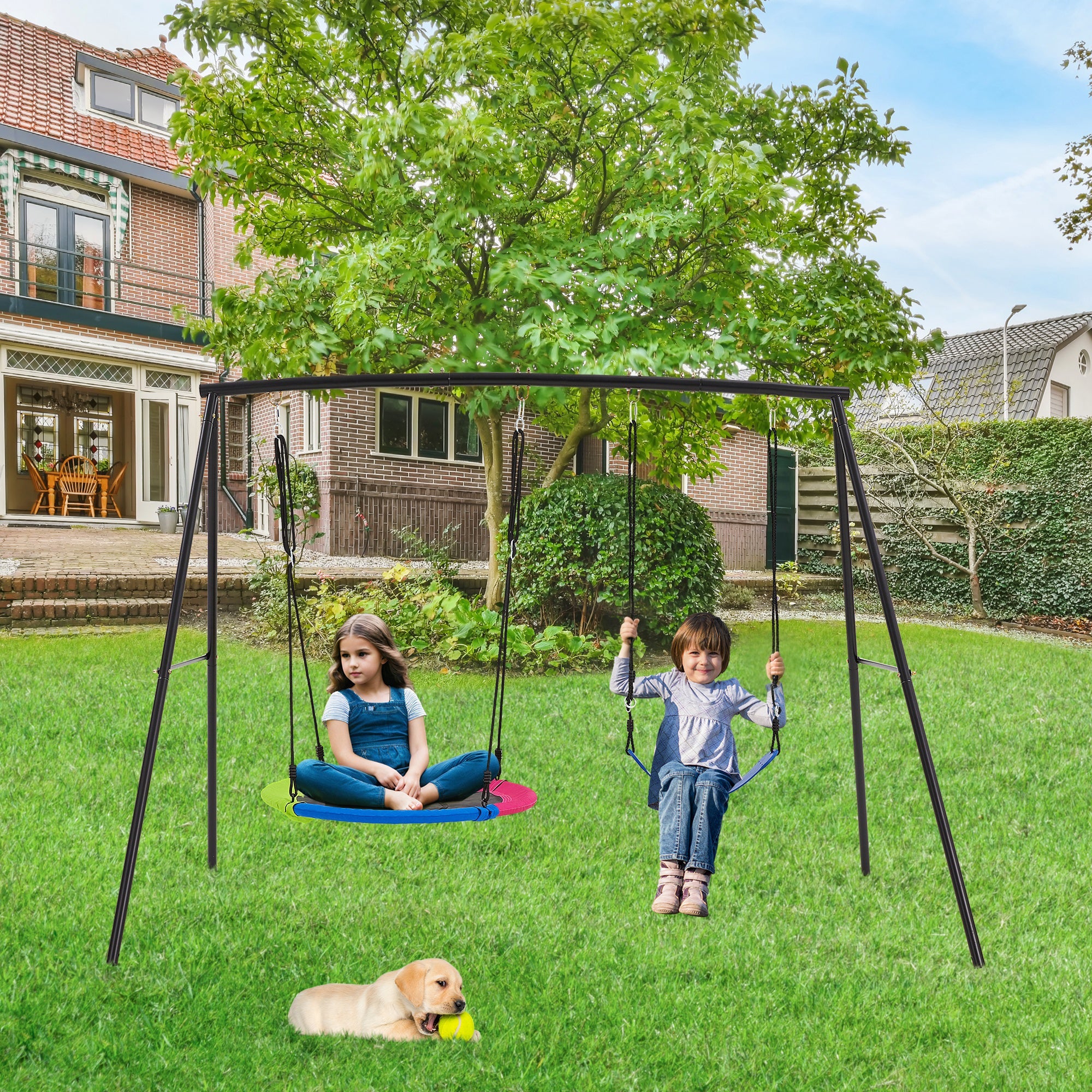 Homrest Heavy-Duty A-Frame Metal Swing Set, 440lbs Capacity, Includes Saucer & Belt Swings, Outdoor Playground for Kids