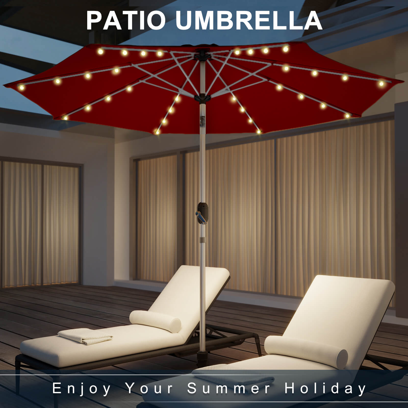 Homrest 9FT Solar Patio Umbrella, Fade-Resistant Outdoor Market Umbrella with Tilt, 8 Aluminum Ribs for Gardens,Burgundy