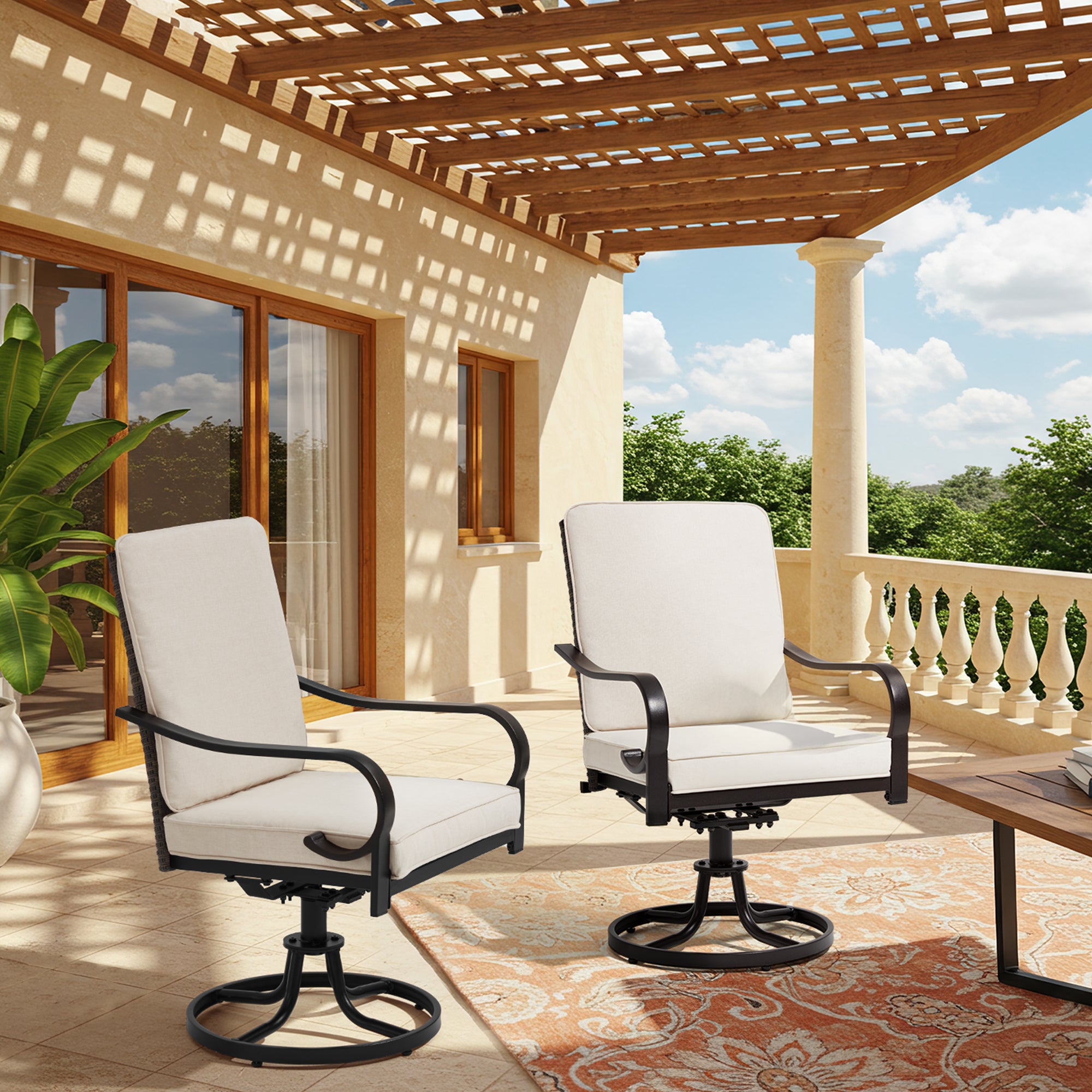 HOMREST Patio Swivel Chairs Set of 2 with Full Rattan Backrest, Beige