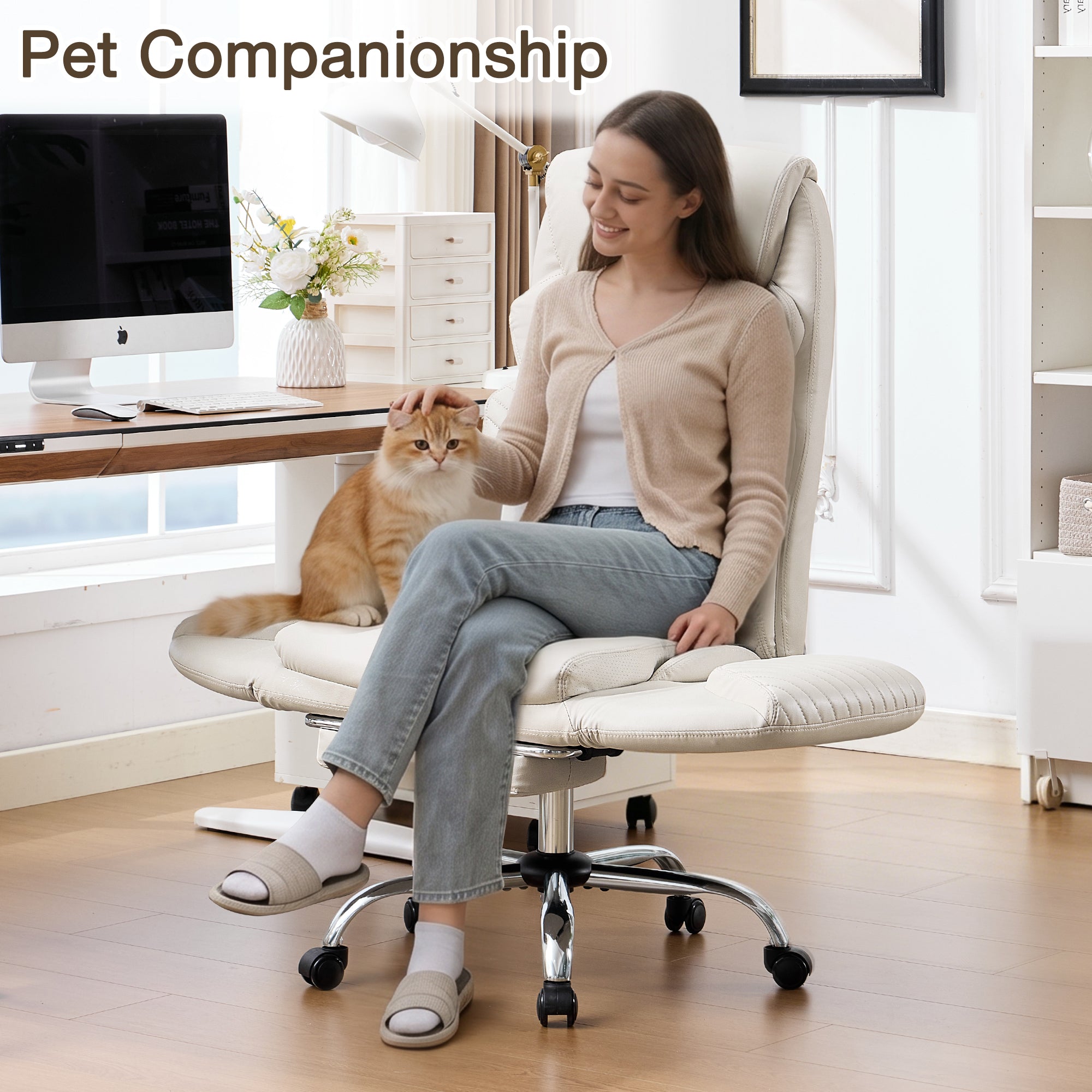 HOMREST Modern Cross Legged Office Chair with Footrest,Leather Ergonomic Executive Chair with Lumbar Pillow, Beige