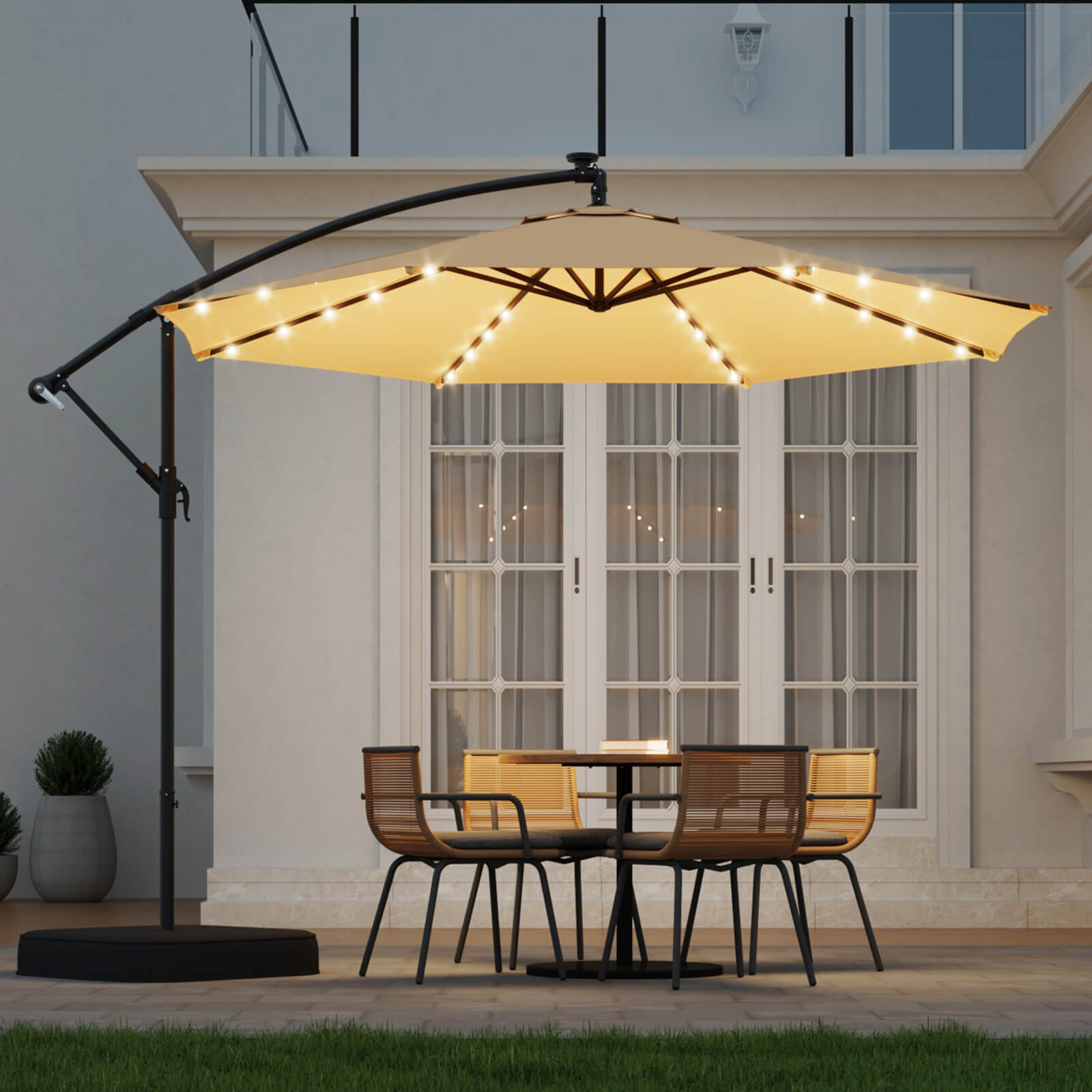 Homrest 10ft Solar Lighted Patio Umbrella with Base, Outdoor Cantilever Umbrella, Infinite Tilt, Beige