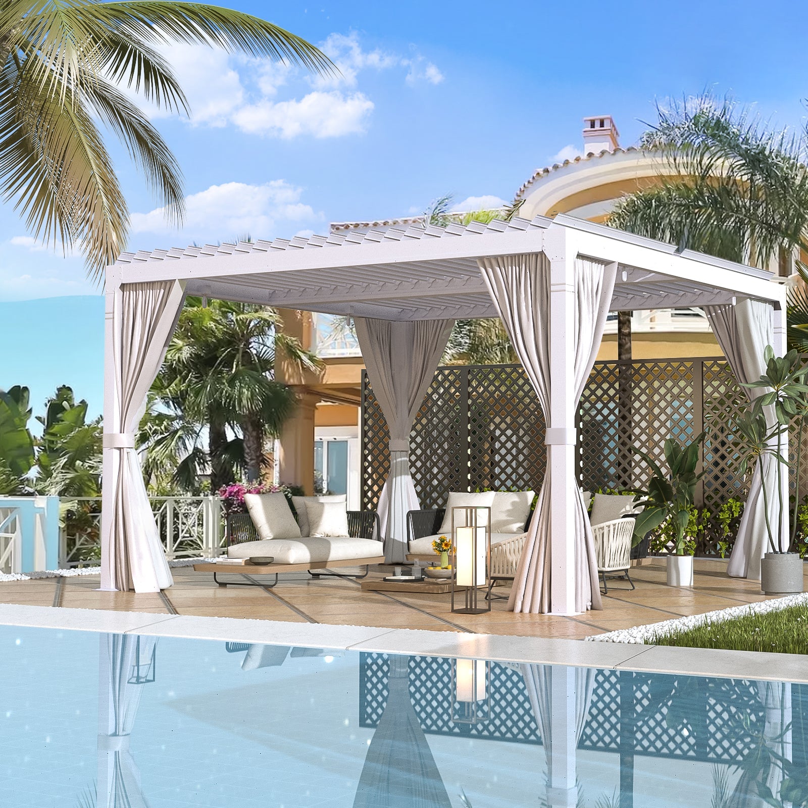 HOMREST Louvered Pergola 12x12 Outdoor Hard Top Pergola with Aluminum Frame and Adjustable Metal Rainproof Roof for Garden & Patio, Curtains and Netting Included, White