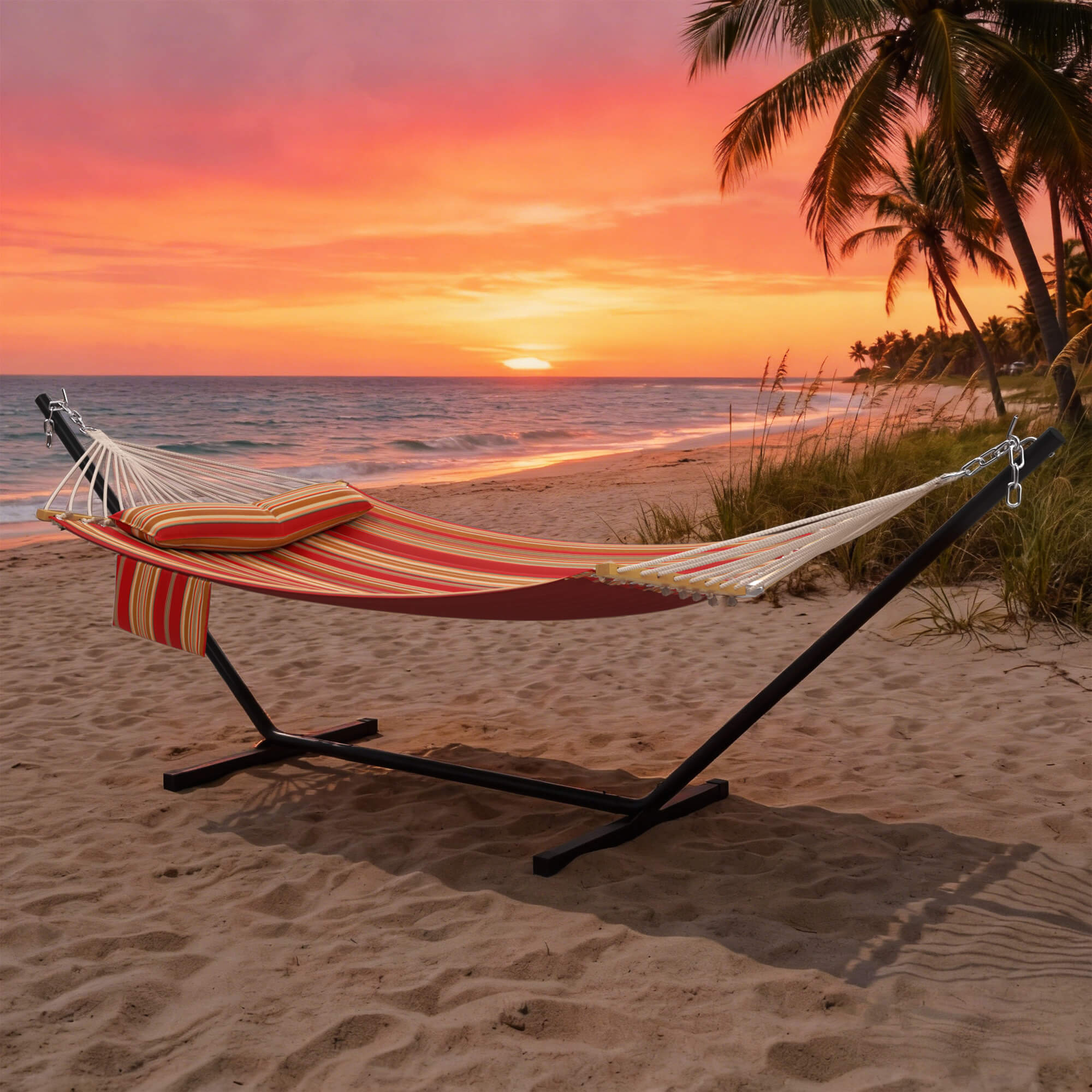 HOMREST Modern Rope Hammock with Stand, Portable Outdoor Hammock for Backyard, Beach & Camping, Red Stripes