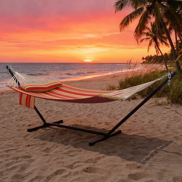 HOMREST Modern Rope Hammock with Stand, Portable Outdoor Hammock for Backyard, Beach & Camping, Red Stripes