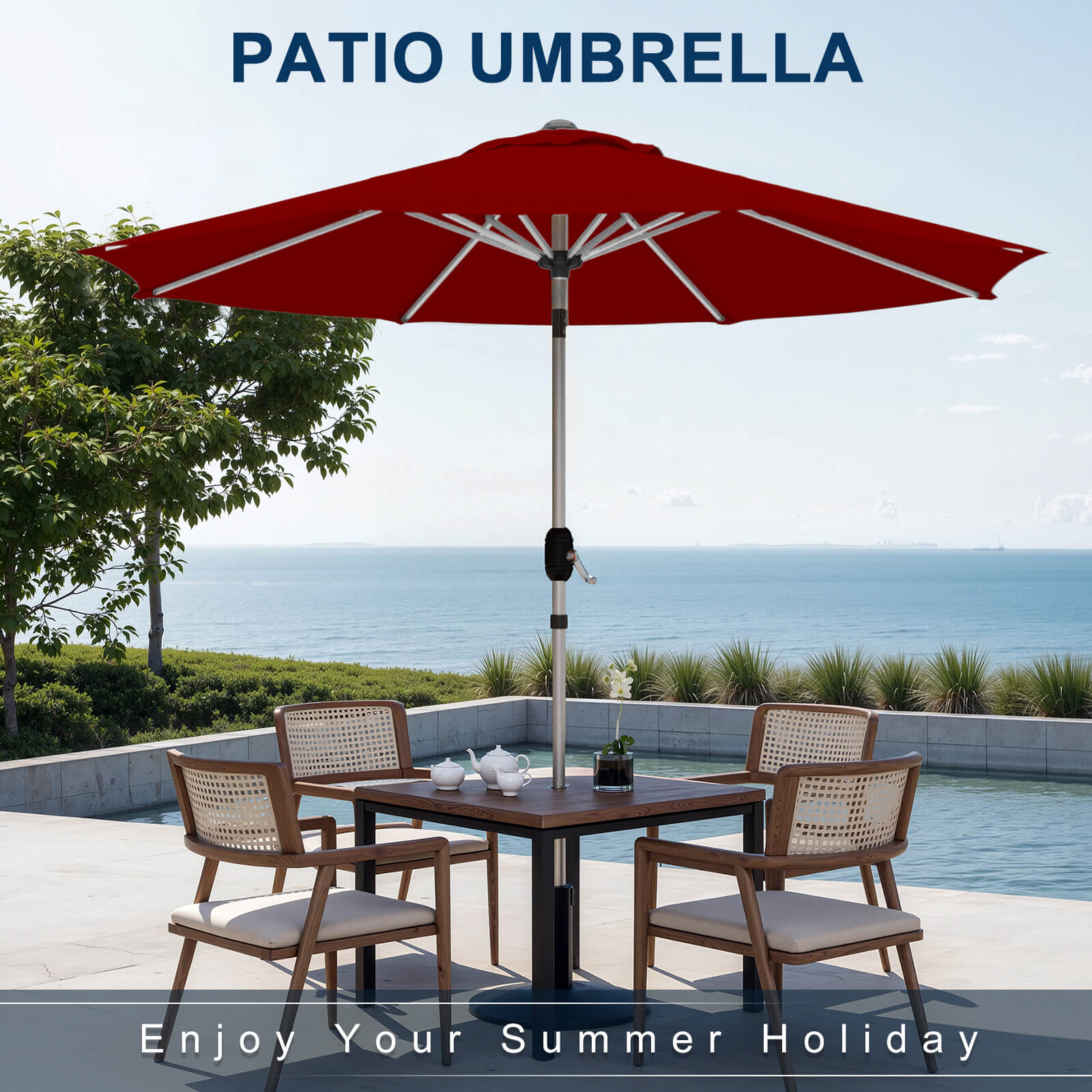 Homrest 9FT Aluminum Patio Umbrella, Fade-Resistant with Push Tilt, 8 Sturdy Aluminum Ribs Burgundy