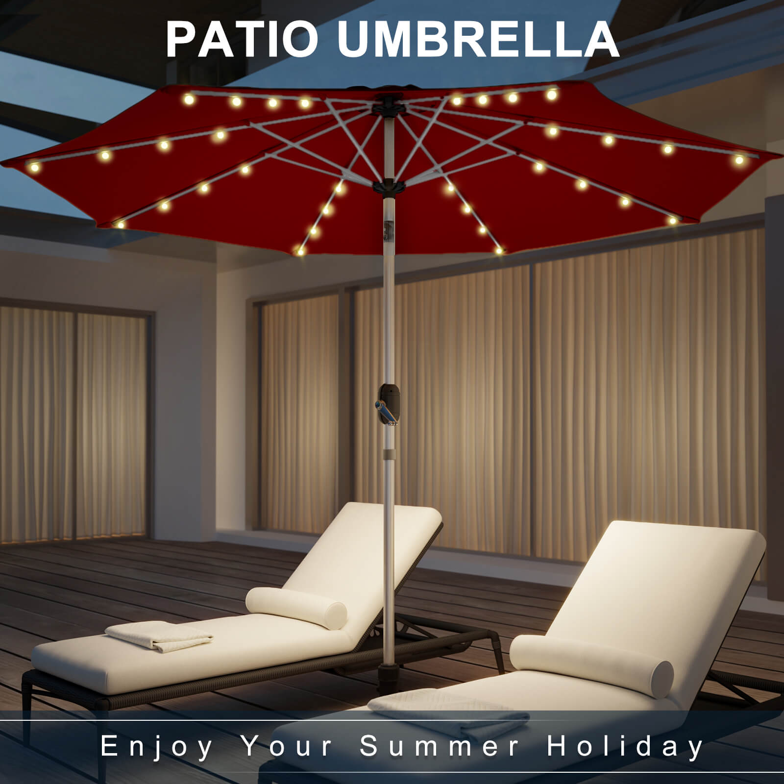 Homrest 10FT Solar Lighted Patio Umbrella, Fade-Resistant Outdoor Umbrella with Tilt, 8 Aluminum Ribs Burgundy