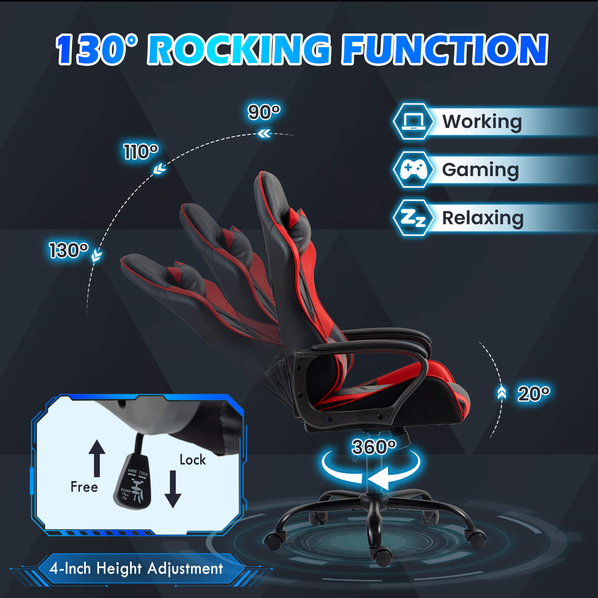 HOMREST Gaming Chair, Ergonomic Computer Gamer Chair with Massage Lumbar Support & Rocking High Back, Height Adjustable, Red