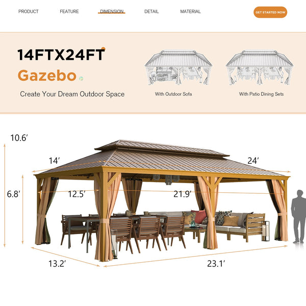 HOMREST 14X24 Outdoor Bar Gazebo with Canopy for Patio, Wood Grain