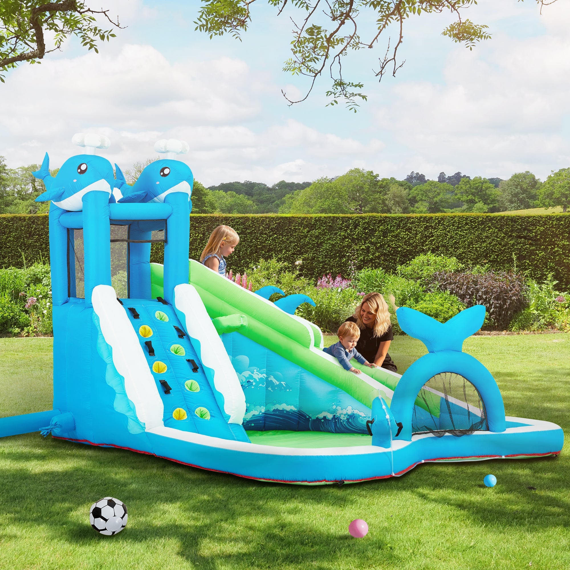 Homrest Inflatable Bounce House, Bounce House with Water Slide for Kids 3-8, Water Slide Bounce House with a Whale Shape, Rock Climbing Wall, Throwing Game, Water Gun Competition, Storage Bag, 480W Blower for Outdoor Backyard