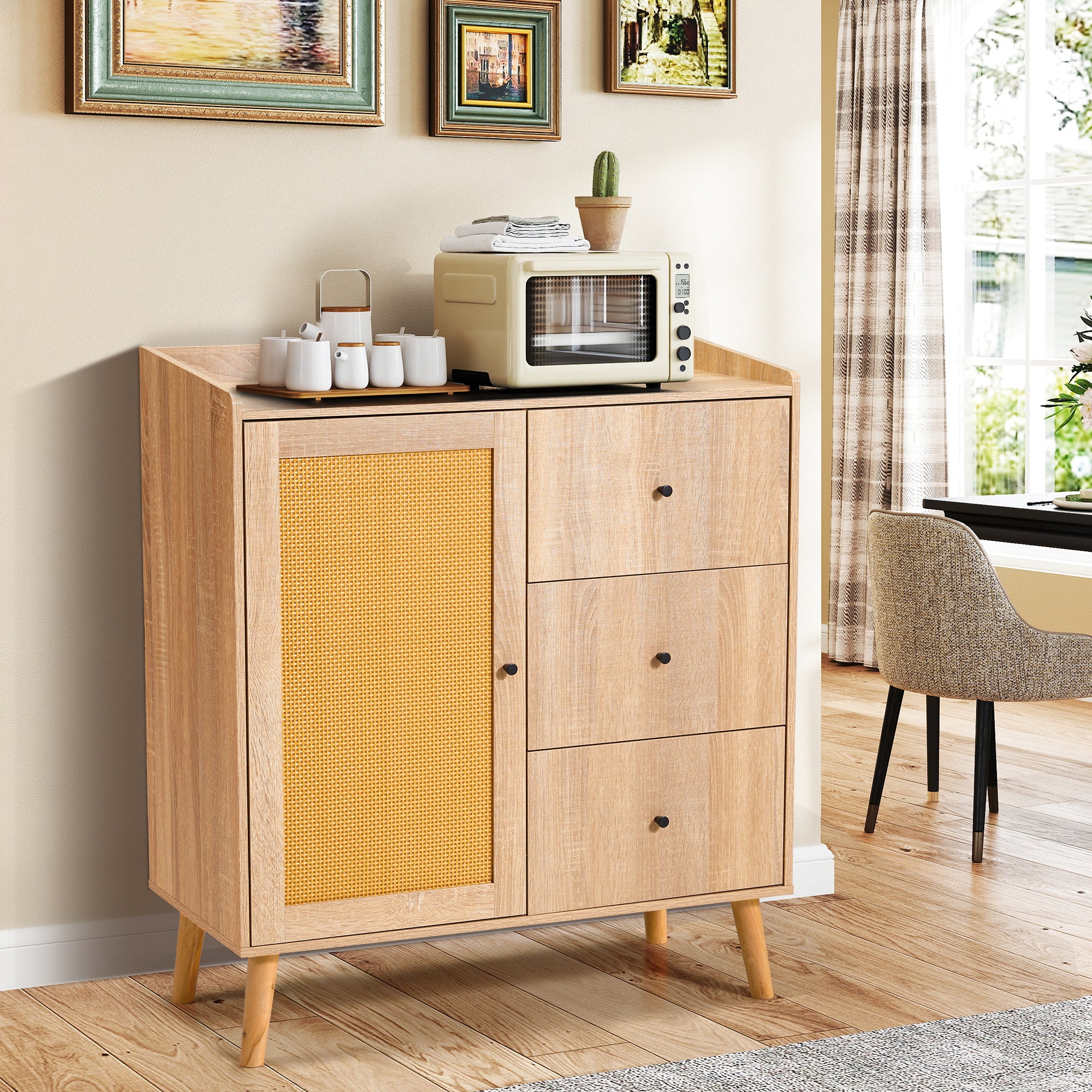 HOMREST Modern Cabinet with Rattan Door and 3 Drawers