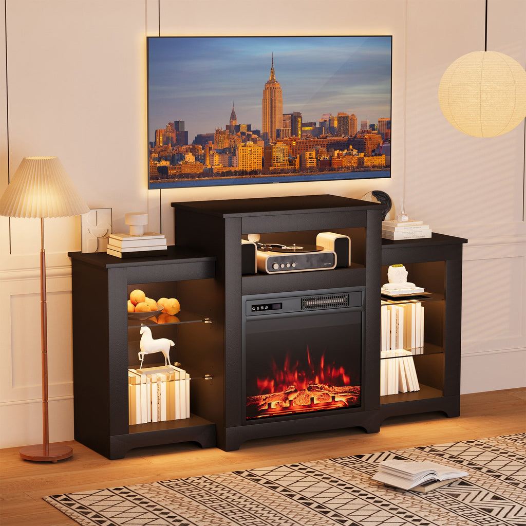 HOMREST 55" Electric Fireplace TV Stand with 16 Color Lights, Wooden Entertainment Center with Adjustable Shelves, Black