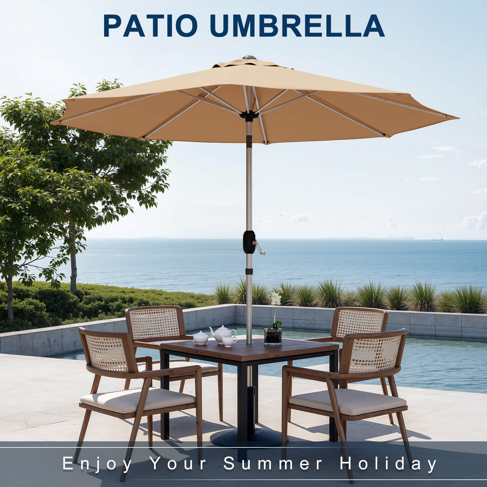 Homrest 9FT Aluminum Patio Umbrella, Fade-Resistant with Push Tilt, 8 Sturdy Aluminum Ribs Beige