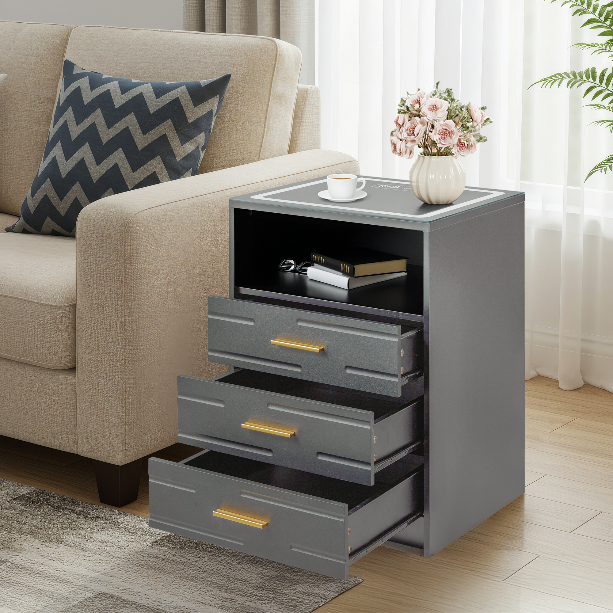HOMREST LED Nightstand with Wireless Charging, Smart Bedside Table with Drawers & Adjustable LED Lights, Gray