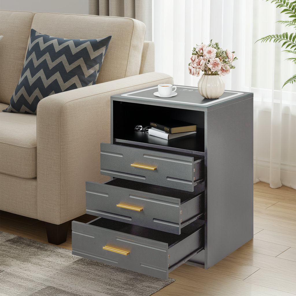 HOMREST LED Nightstand with Wireless Charging, Smart Bedside Table with Drawers & Adjustable LED Lights, Gray