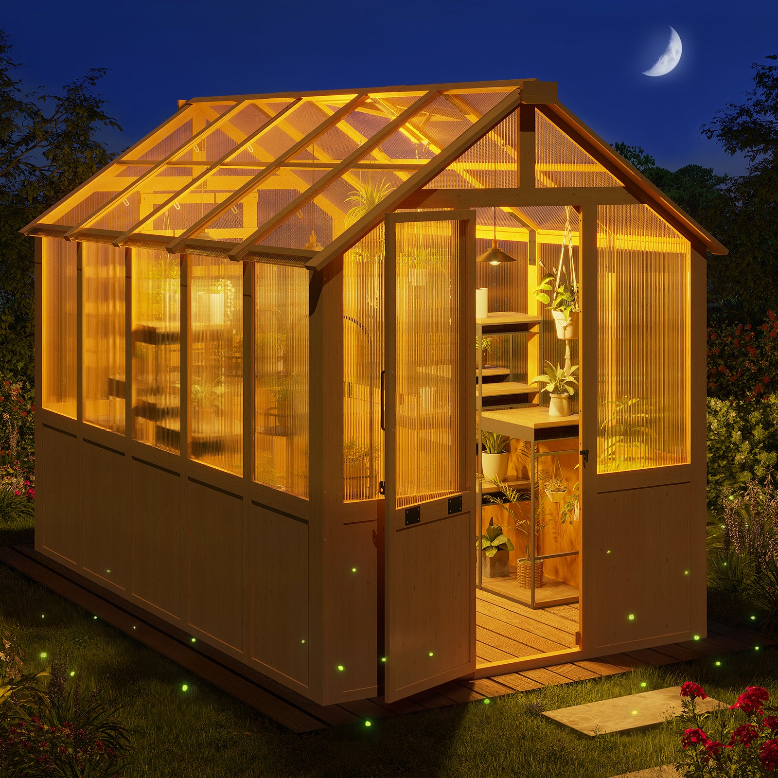 HOMREST 6x10 FT Wooden Greenhouse for Outdoors, Walk-in Greenhouse Kit with 4mm Polycarbonate Panels, Adjustable Roof Vent, Lockable Door, Backyard Greenhouse for Plants and Vegetables