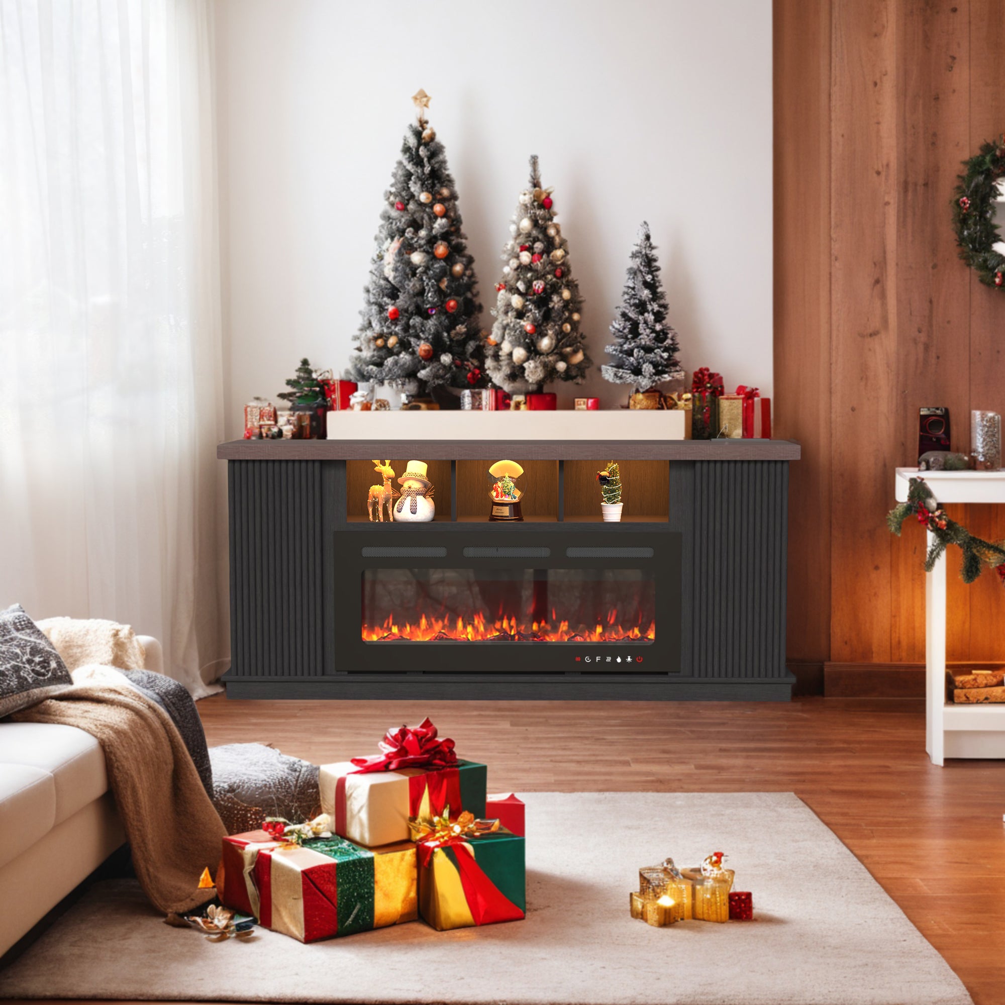 HOMREST 70 Inch TV Cabinet with Electric Fireplace, fire place tv stands for living room, LED Light Bar, Dark Walnut Color