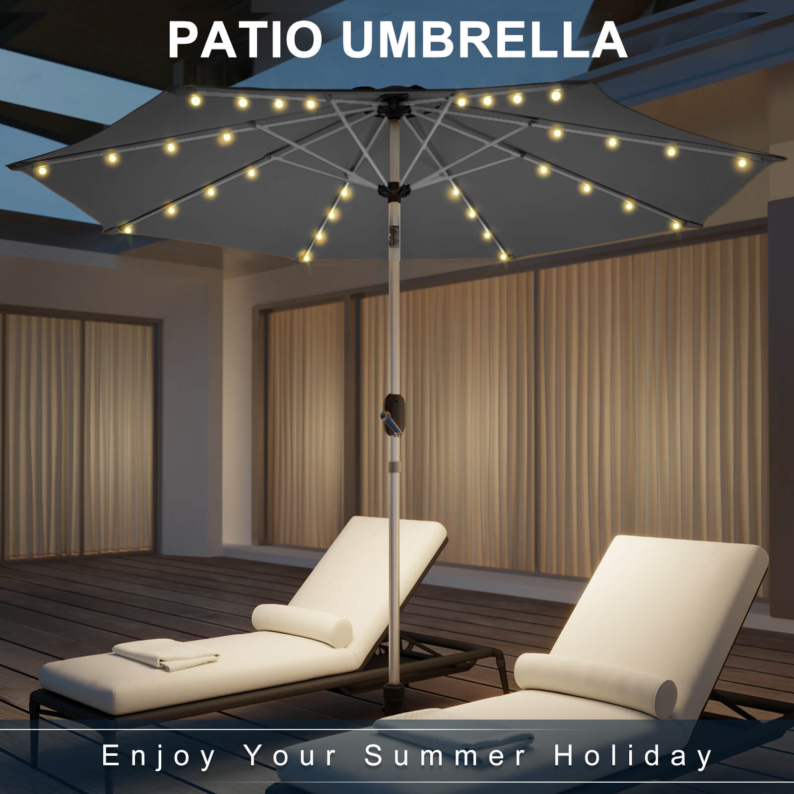 Homrest 9FT Solar Patio Umbrella, Fade-Resistant Outdoor Market Umbrella with Tilt, 8 Aluminum Ribs for Gardens,Grey