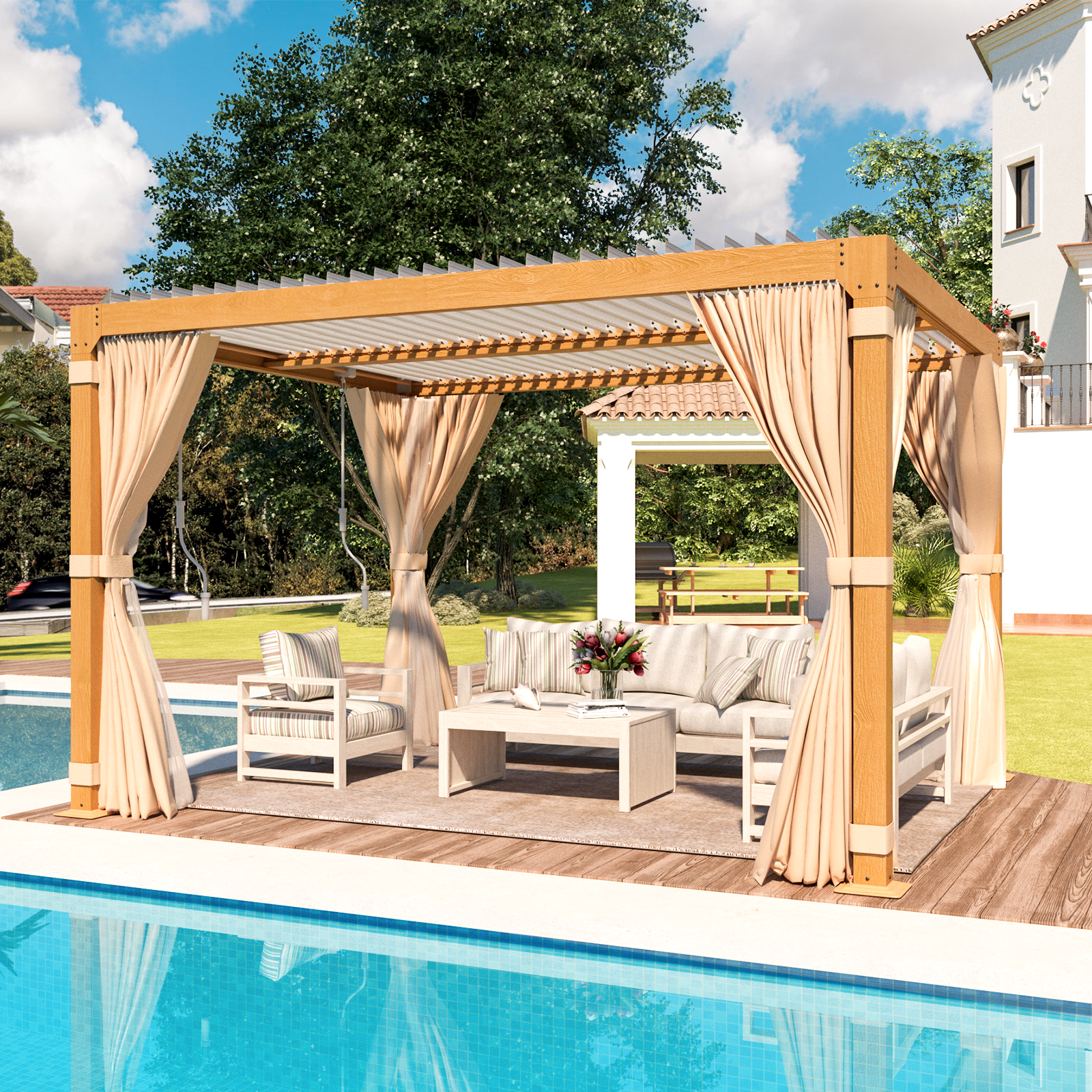 HOMREST Louvered Pergola 10x12 Outdoor Hard Top Pergola with Aluminum Frame and Adjustable Metal Rainproof Roof for Garden & Patio, Curtains and Netting Included, Wood Grain