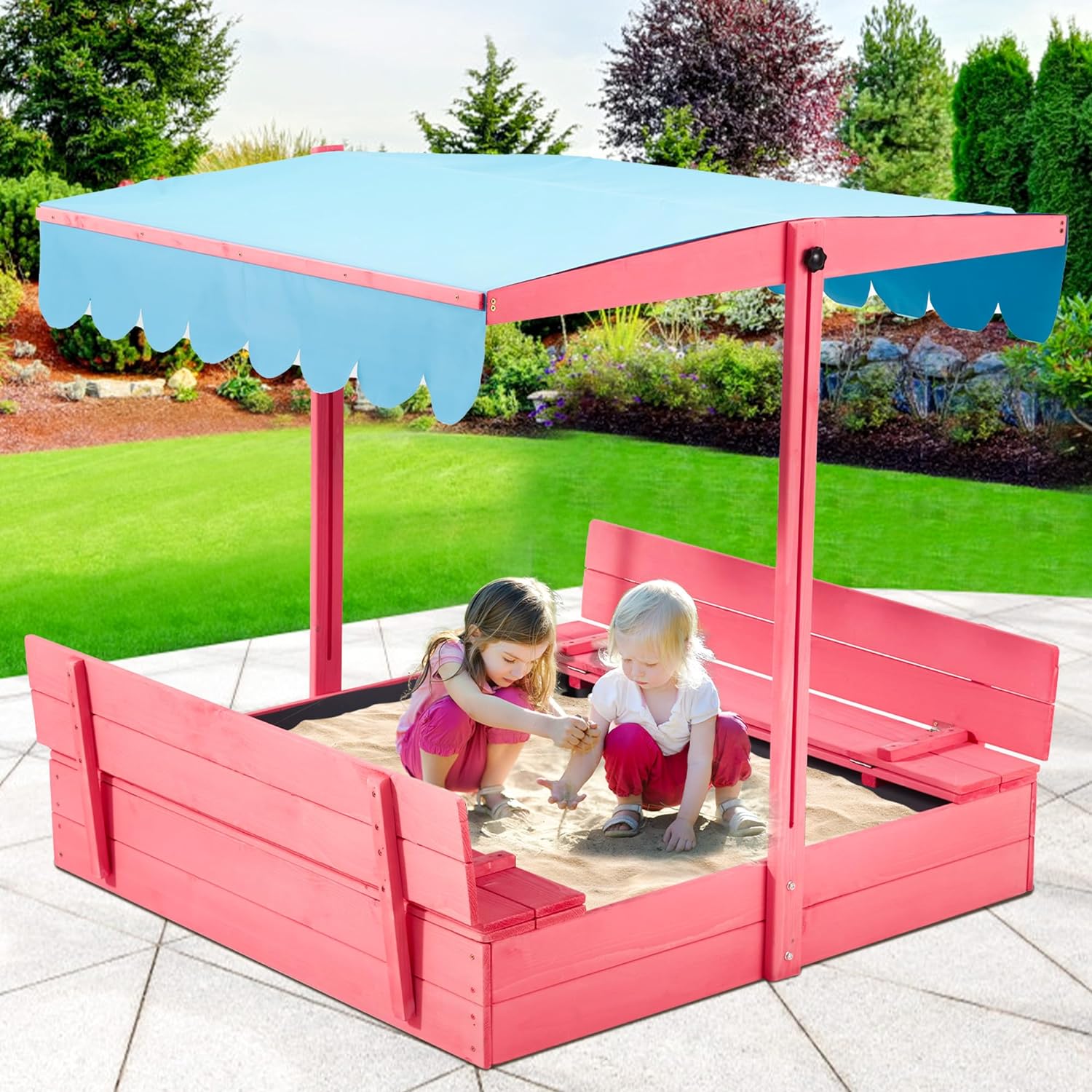 Homrest Kids Sandbox with Cover, Wooden with Height Adjustable Roof,for Aged 3-8, for Backyard, Beach, Lawn, Pink