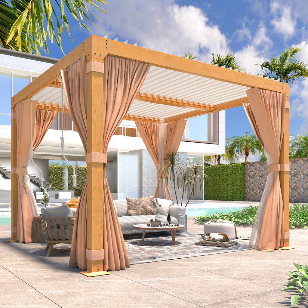 HOMREST Louvered Pergola 10x10 Outdoor Hard Top Pergola with Aluminum Frame and Adjustable Metal Rainproof Roof for Garden & Patio, Curtains and Netting Included, Wood Grain