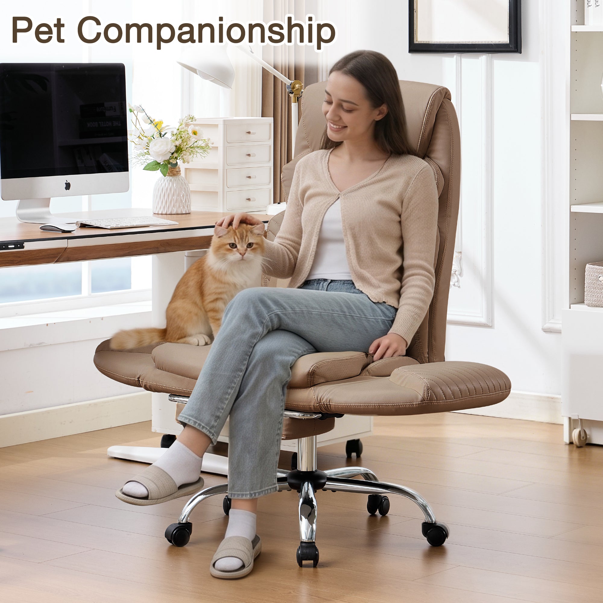 HOMREST Modern Cross Legged Office Chair with Footrest,Leather Ergonomic Executive Chair with Lumbar Pillow, Brown