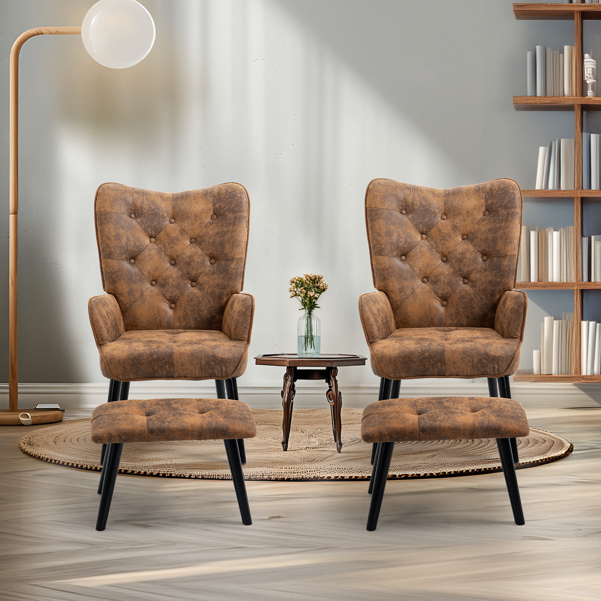 HOMREST Accent Chair with Ottoman(Anti-Skid Feet Caps), Button Wingback Leisure Single Sofa, Arms Upholstered Tall Back Desk Chair, Brown