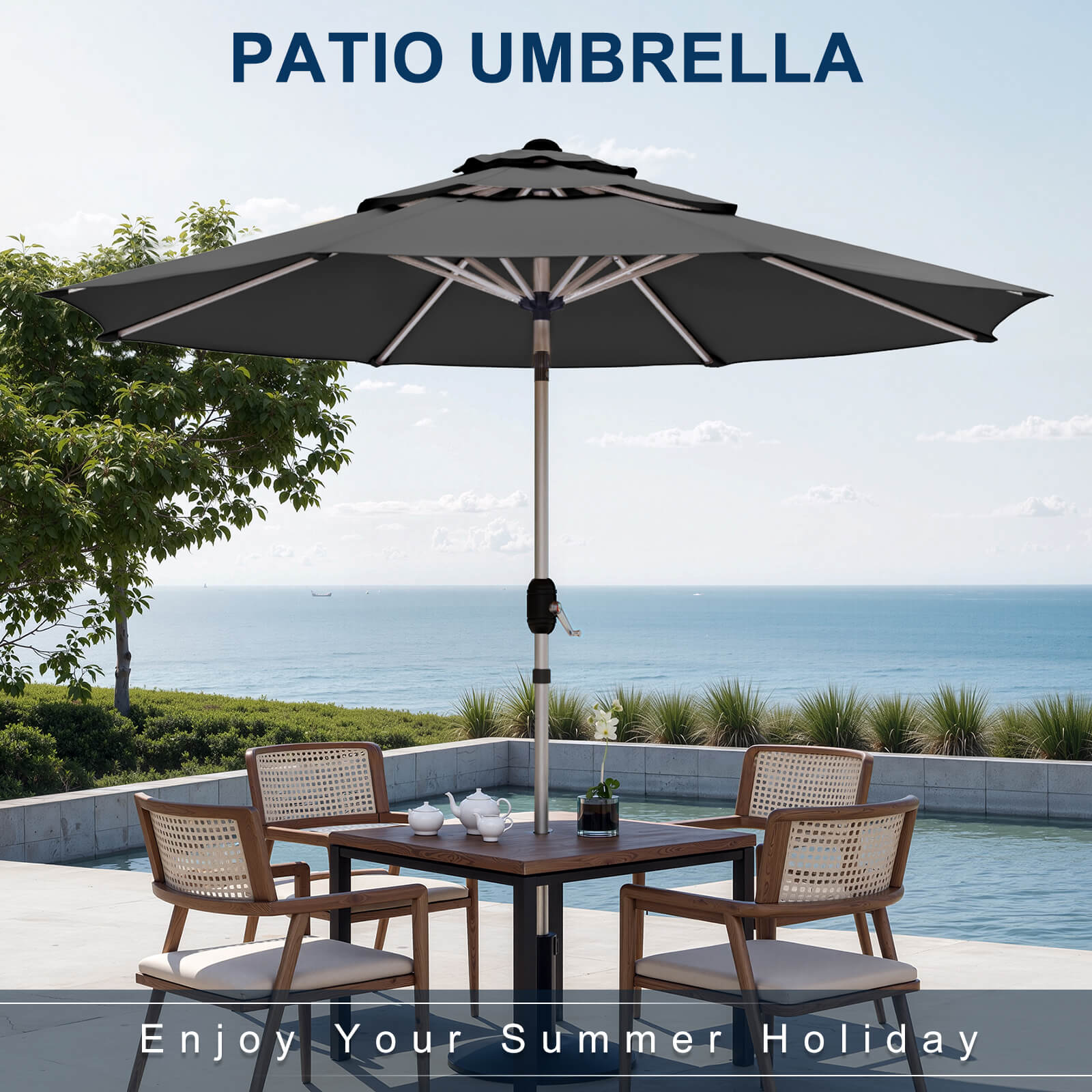 Homrest 9FT 3-Tier Aluminum Patio Umbrella, Fade-Resistant with Push Tilt, 8 Sturdy Aluminum Ribs,Grey