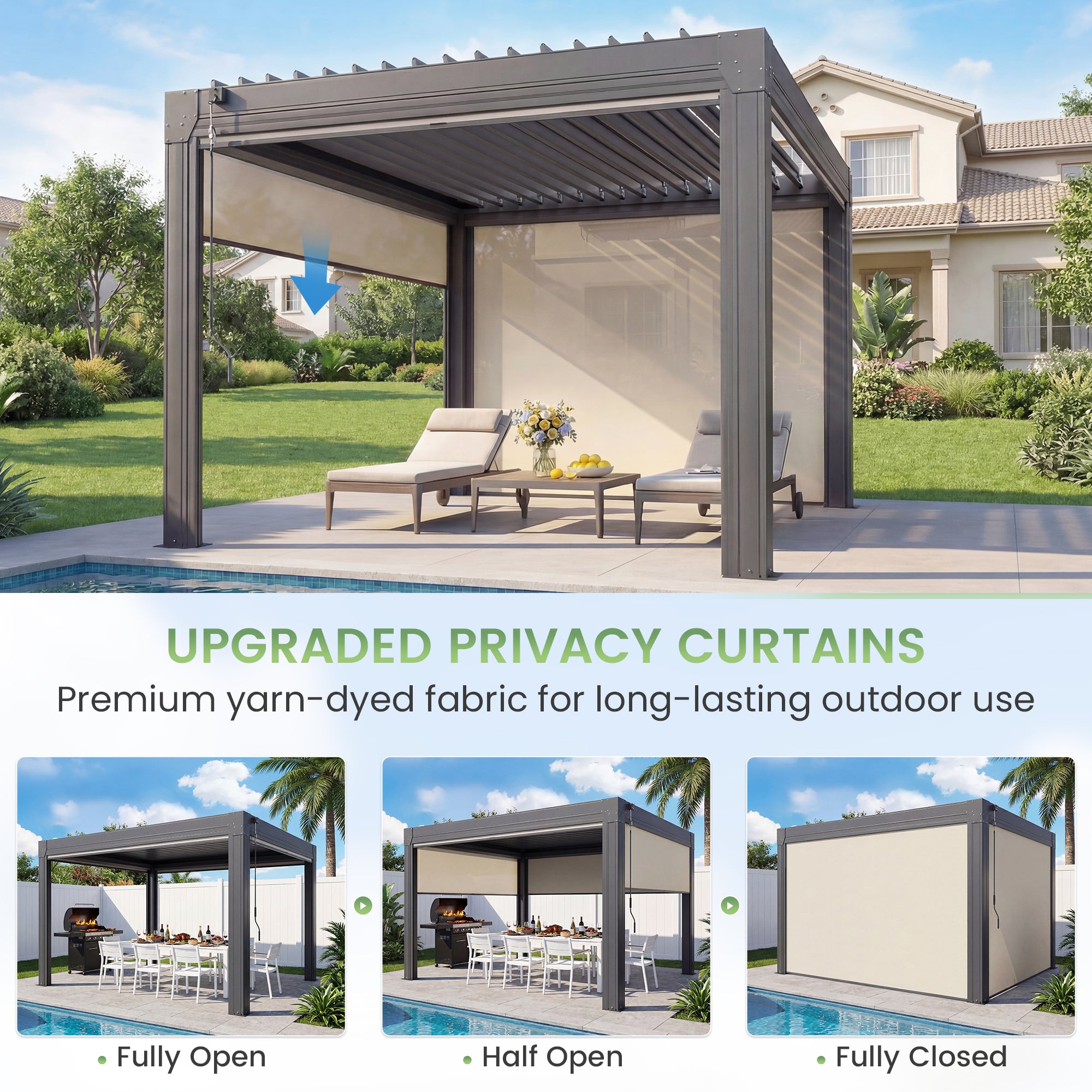 HOMREST 10' x 12' Louvered Pergola with Pull-Down Screens, Aluminum Outdoor Pergola with Retractable Roof for Patios, Decks & Backyards, Black